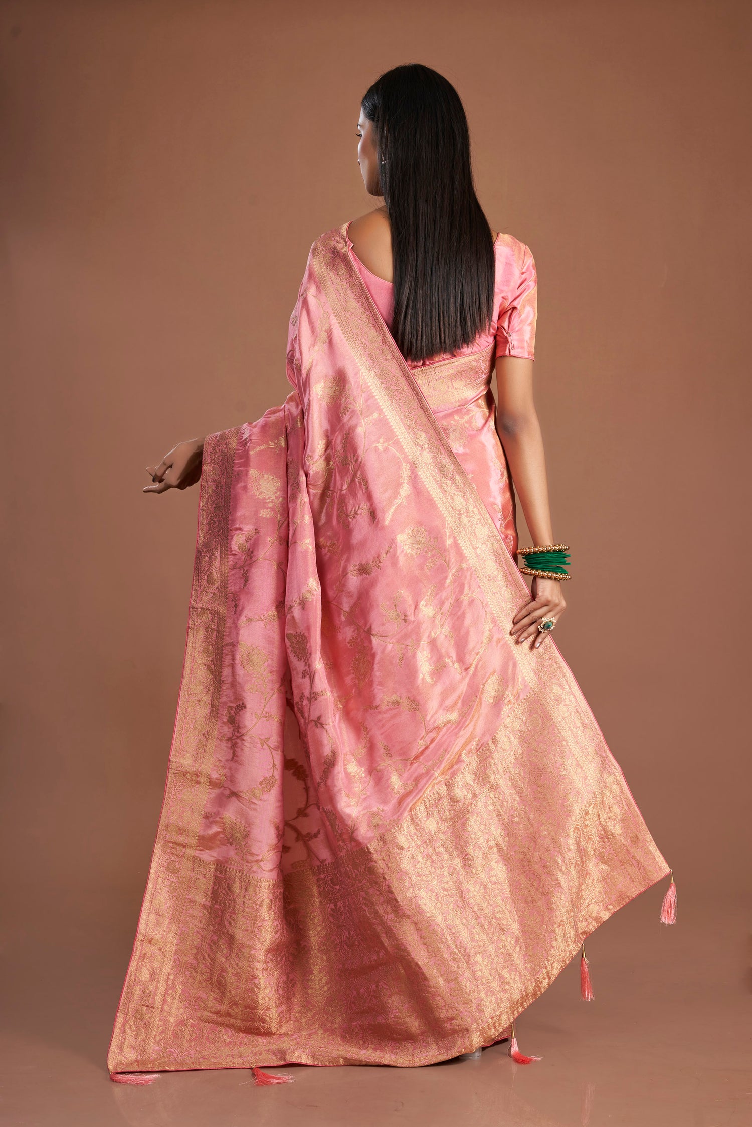 Women Pink Viscose Tissue Zari Saree