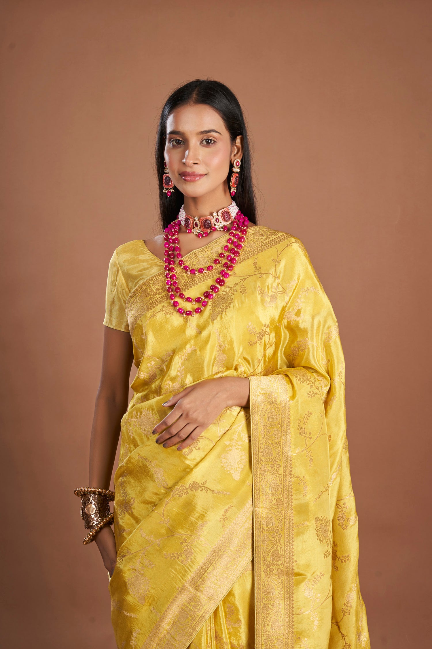 Yellow Zari Jaal Shimmer Tissue Saree