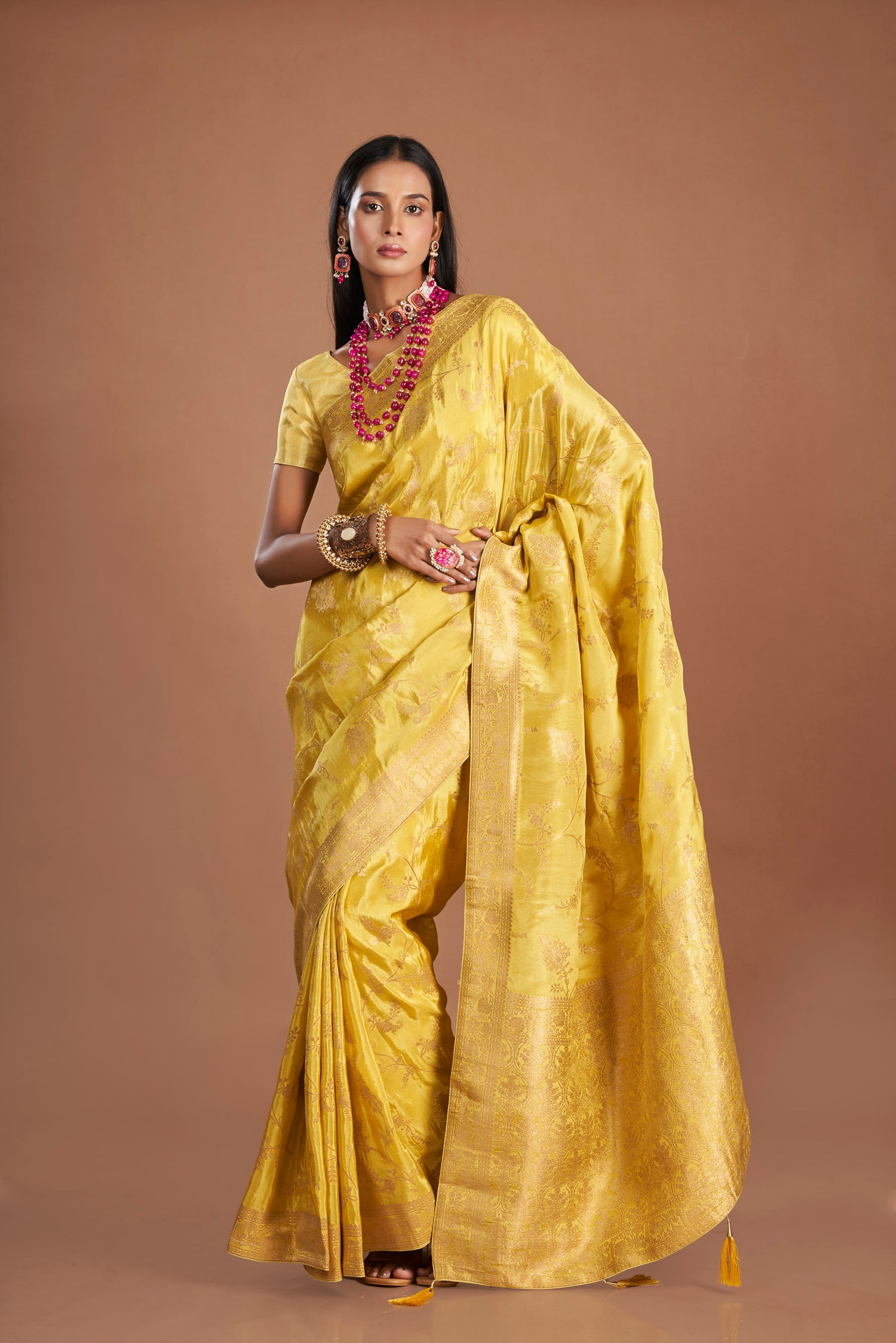 Yellow Zari Jaal Shimmer Tissue Saree