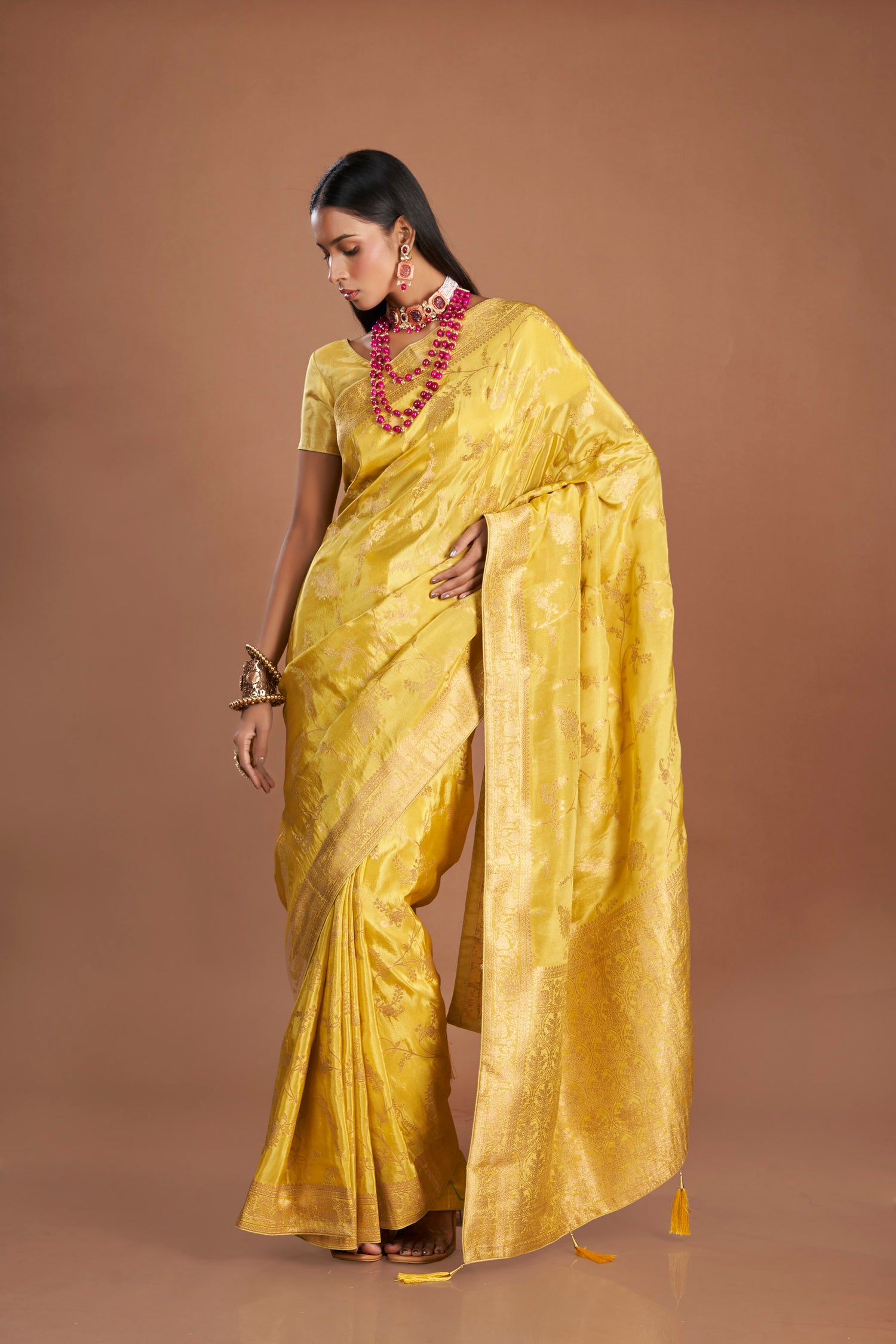 Yellow Zari Jaal Shimmer Tissue Saree