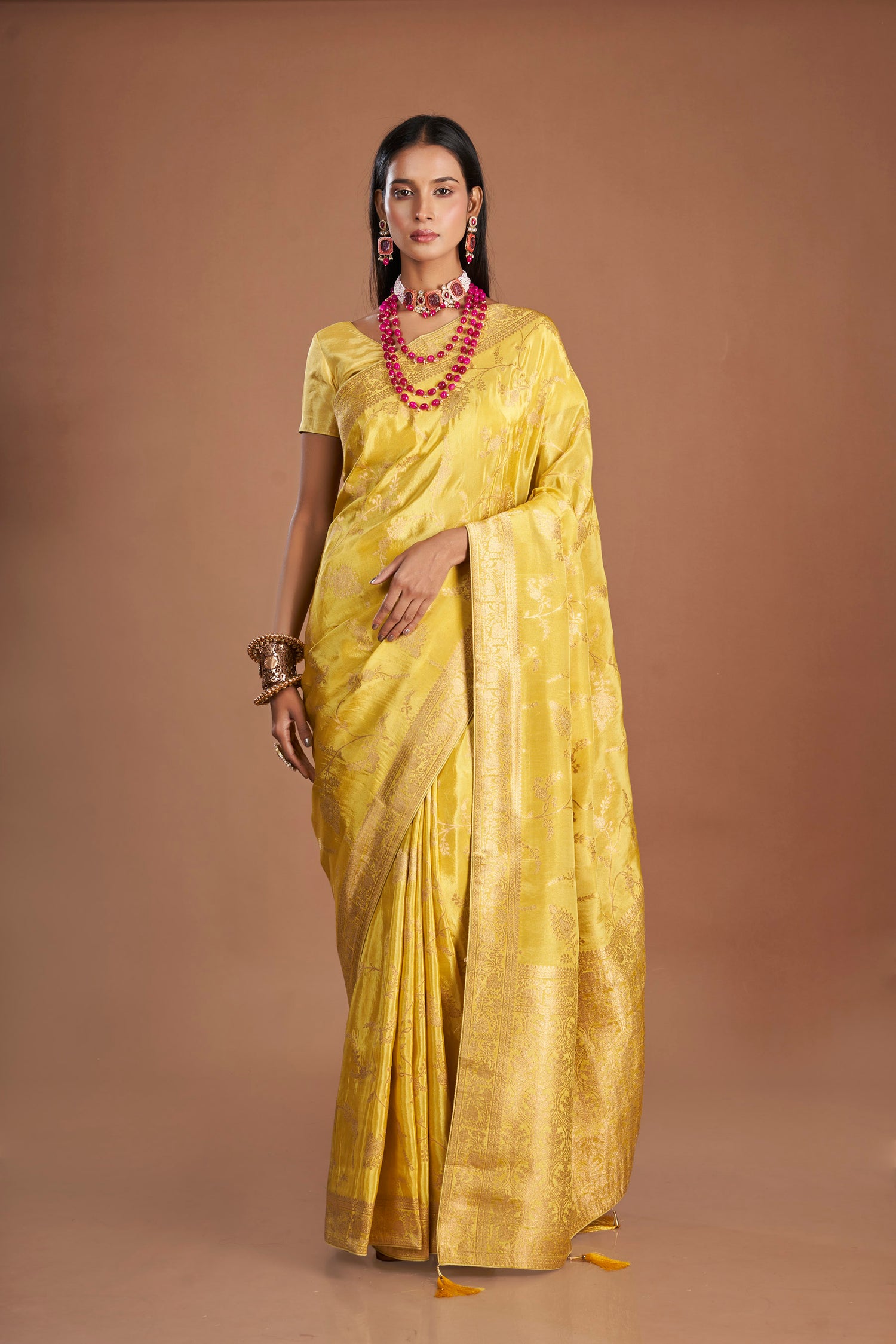 Yellow Zari Jaal Shimmer Tissue Saree