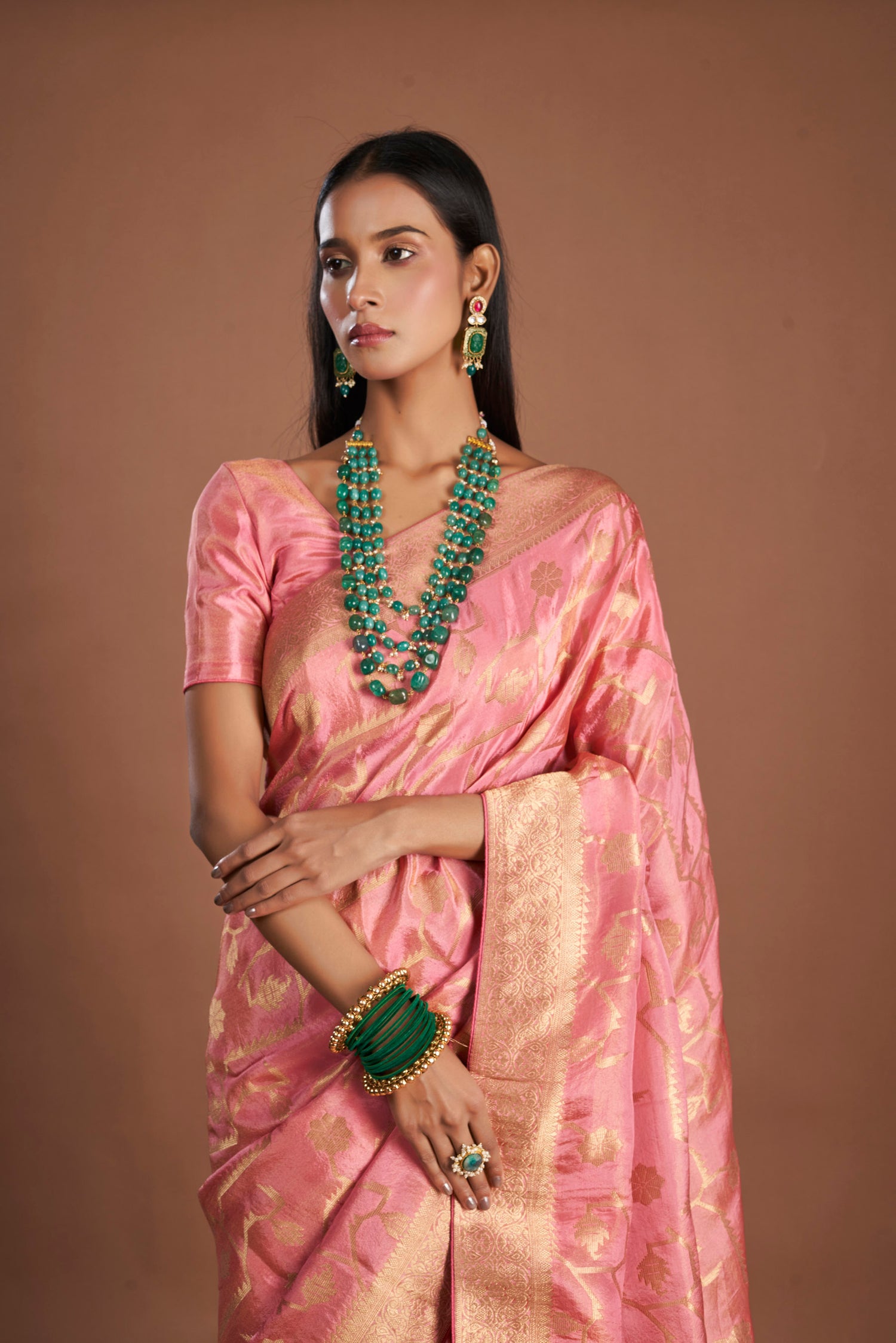 Women Pink Viscose Tissue Zari Saree