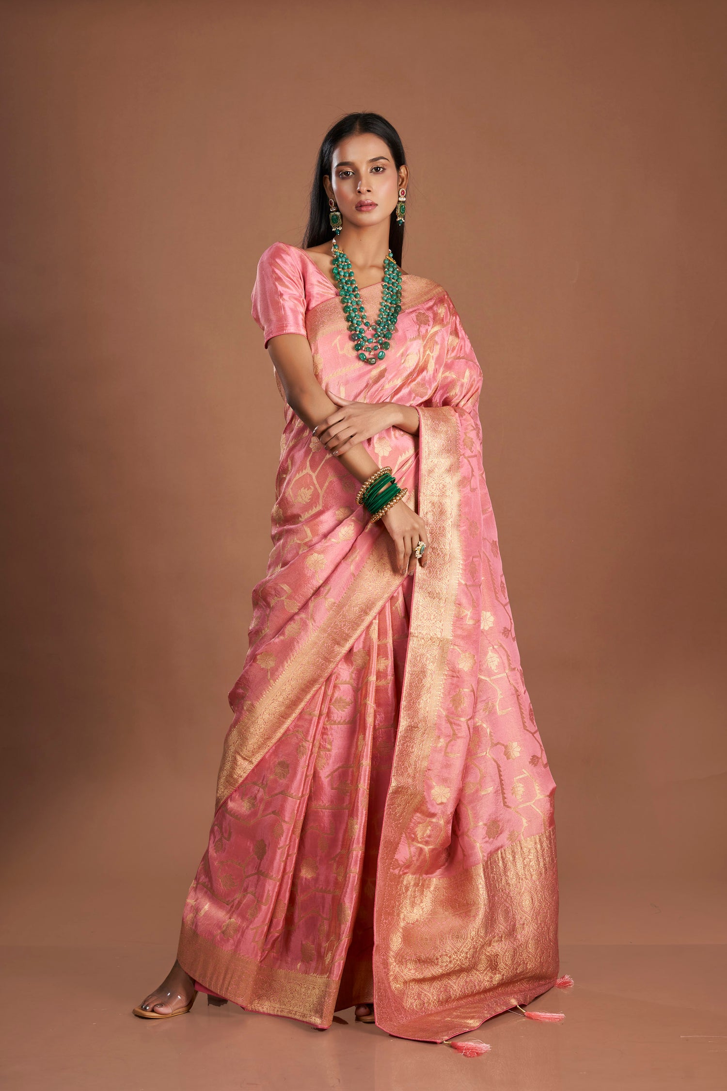 Women Pink Viscose Tissue Zari Saree