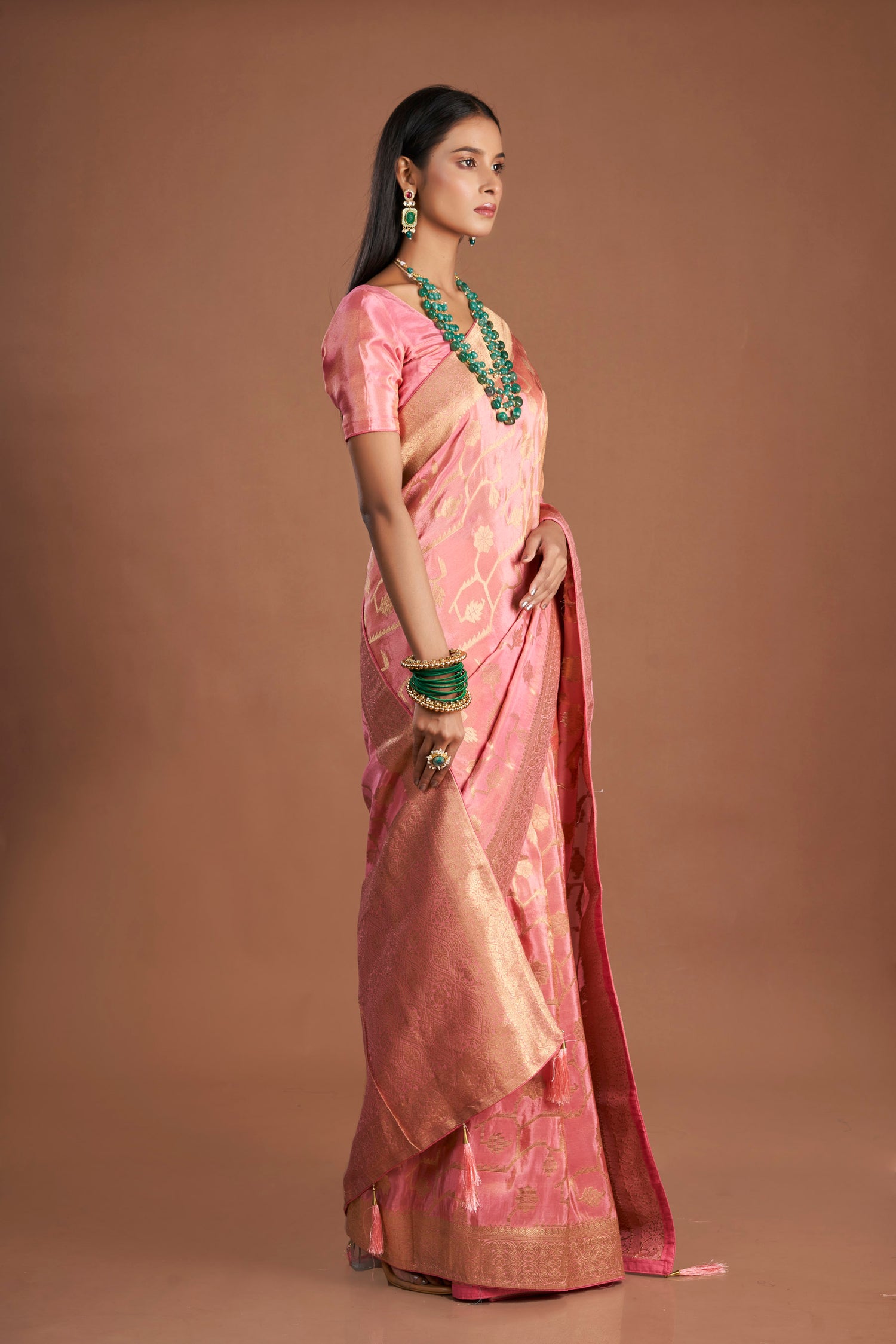 Women Pink Viscose Tissue Zari Saree