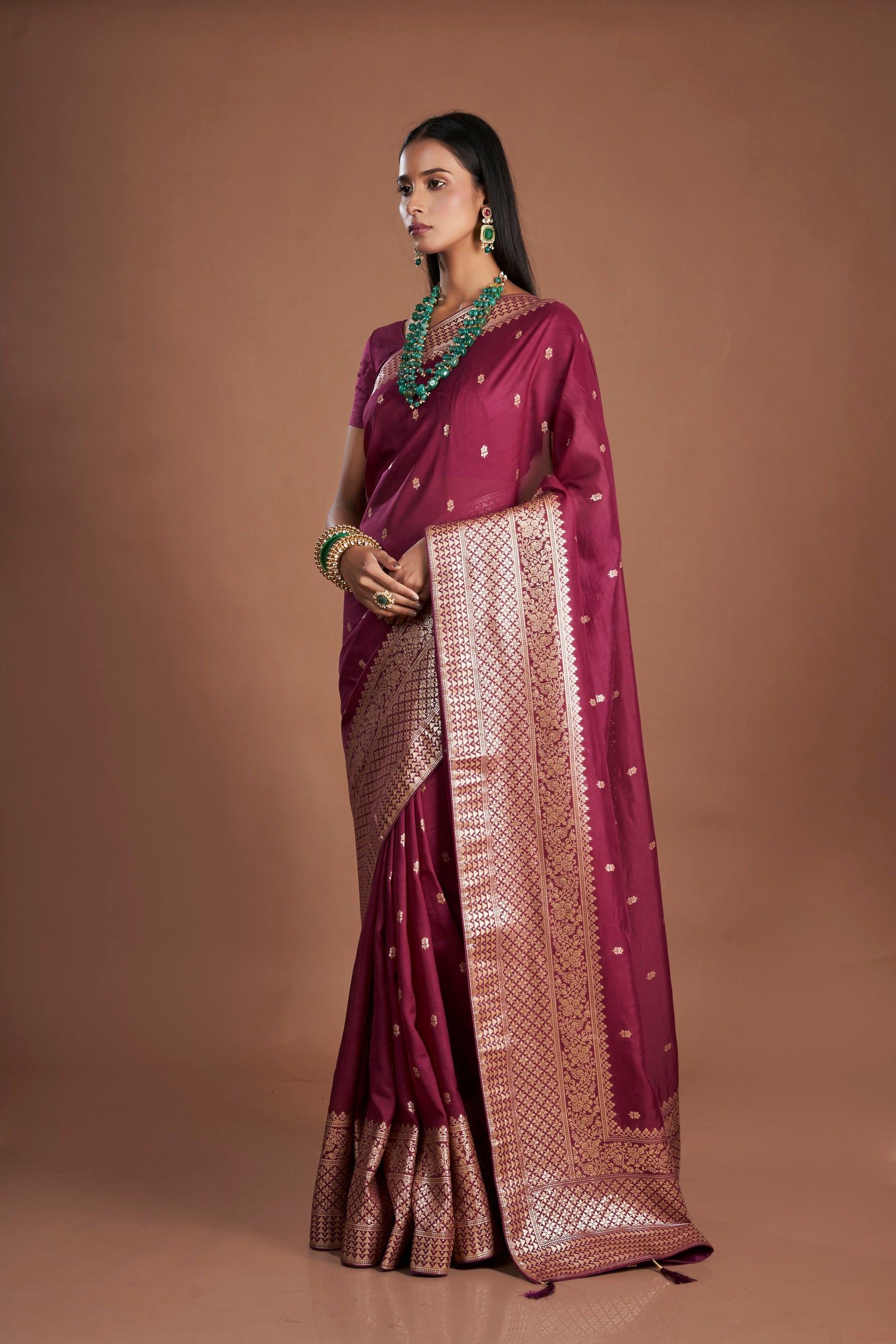 Women Wine Organza shimmer Zari weaving Saree