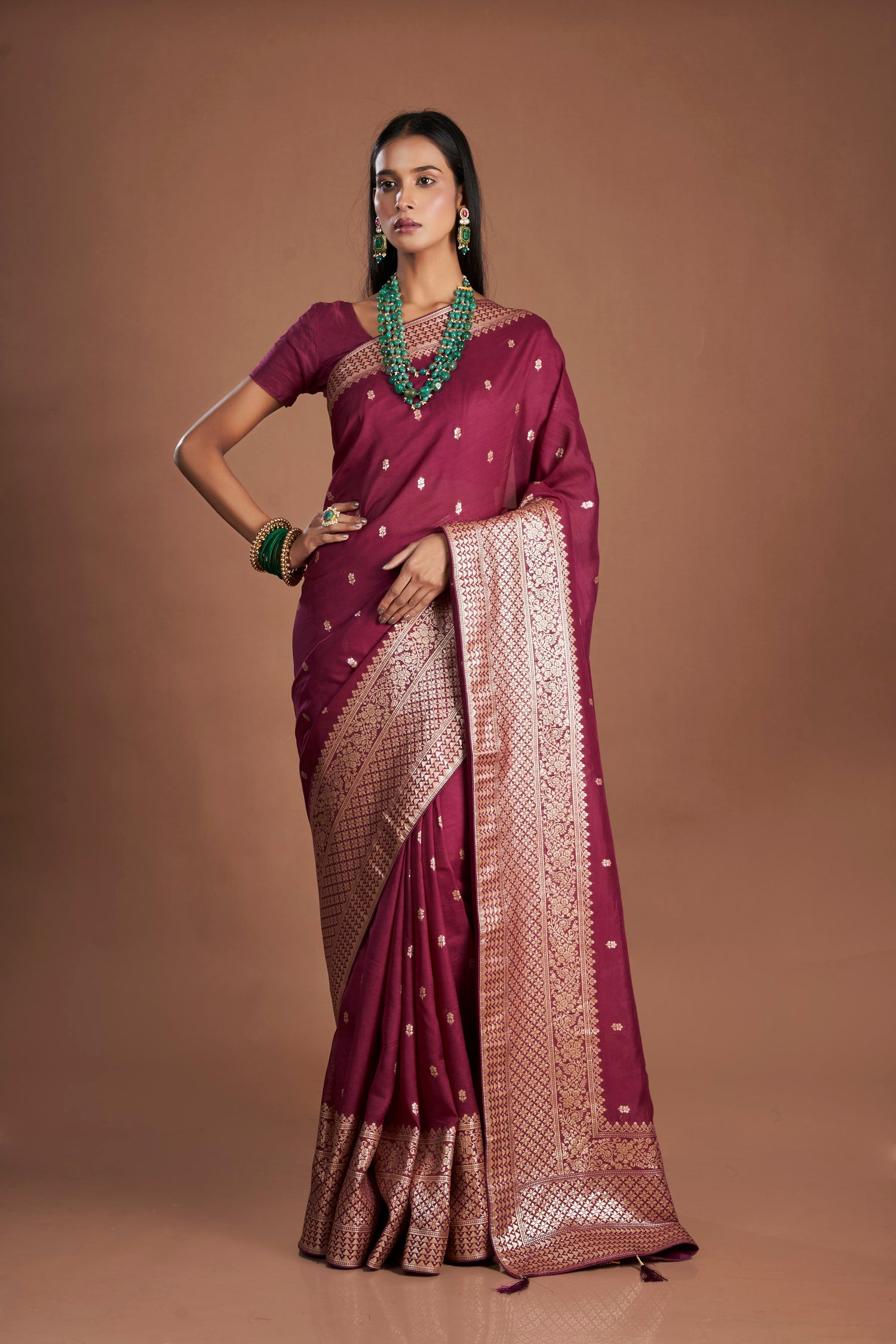 Women Wine Organza shimmer Zari weaving Saree