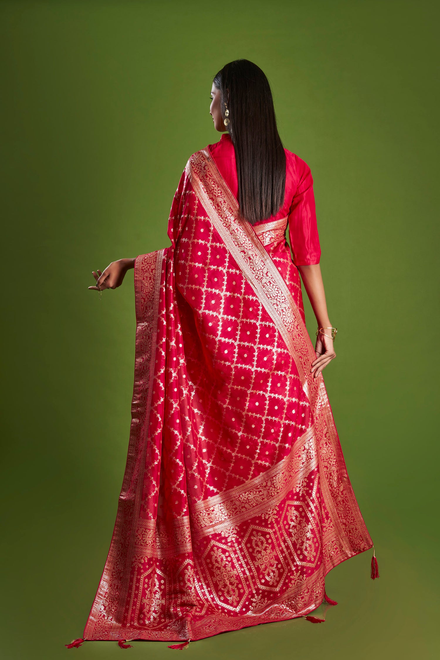 Women Red Organza Weaving zari Saree