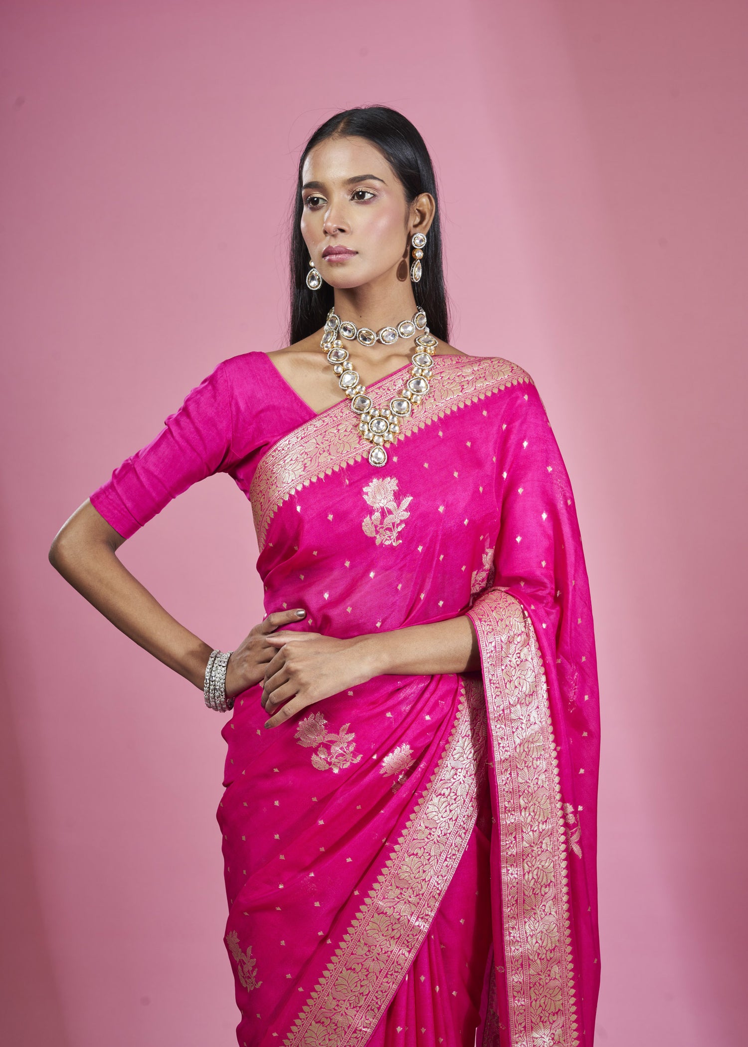 Rani Organza Khaddi Butti Saree with Zari Border