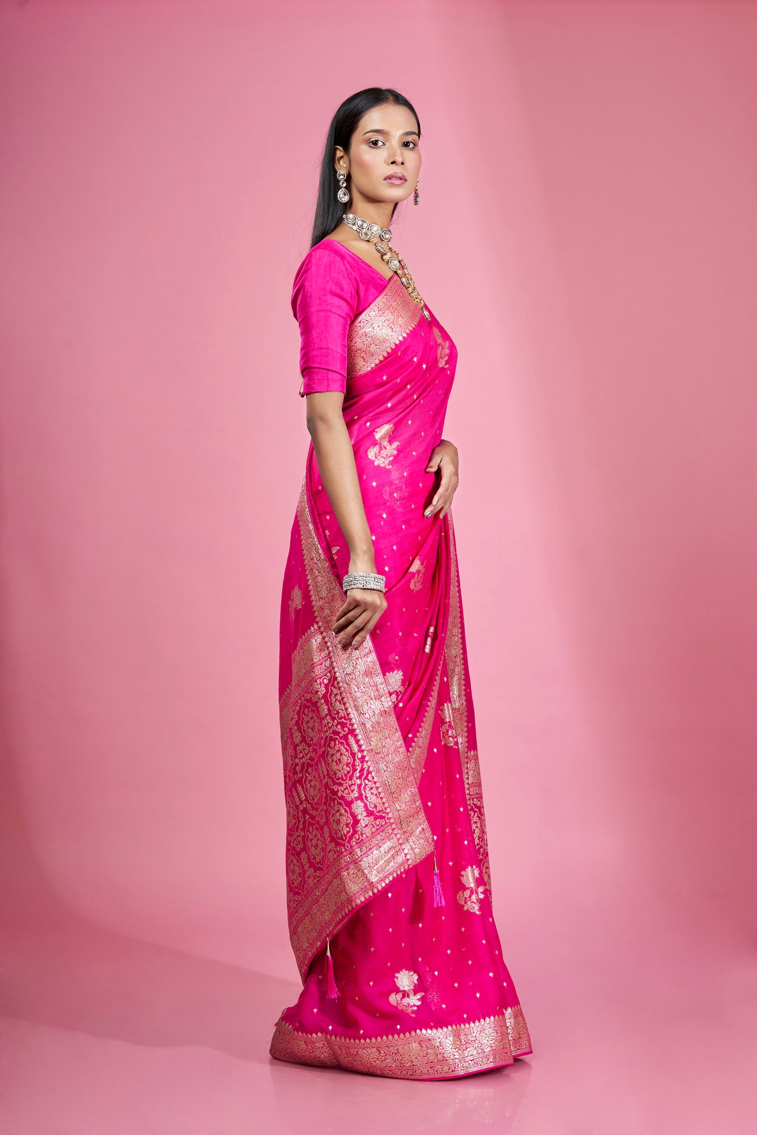 Rani Organza Khaddi Butti Saree with Zari Border