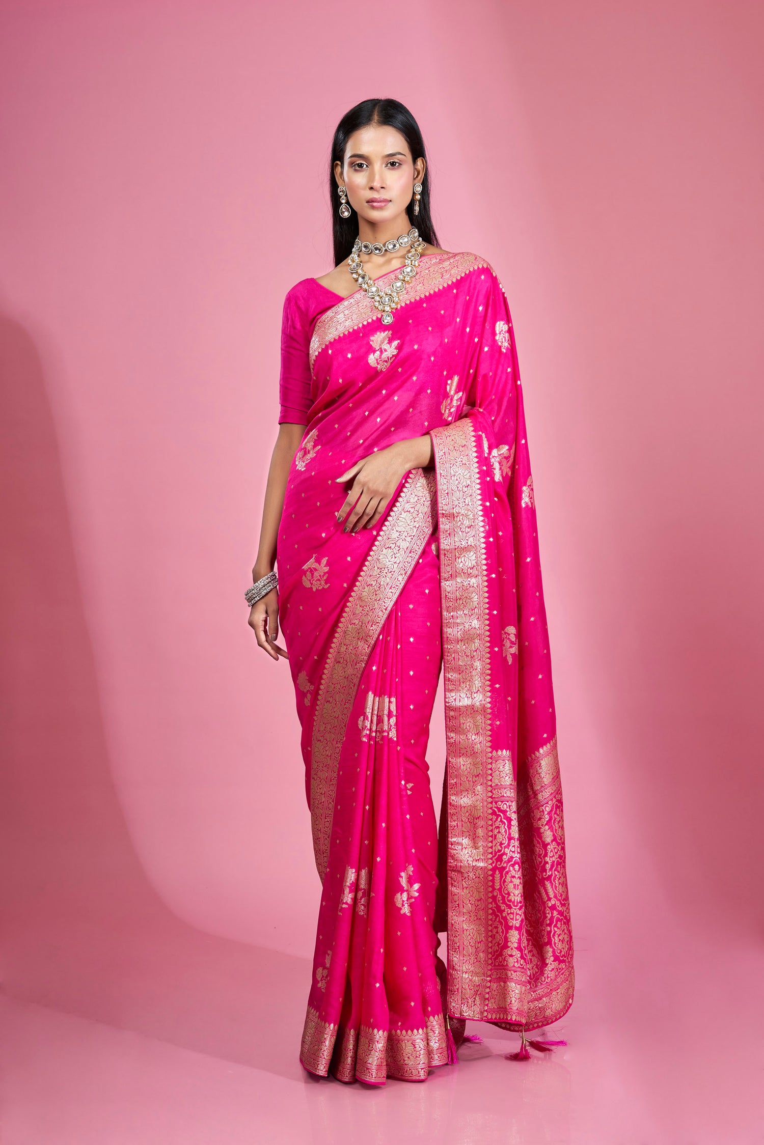 Rani Organza Khaddi Butti Saree with Zari Border