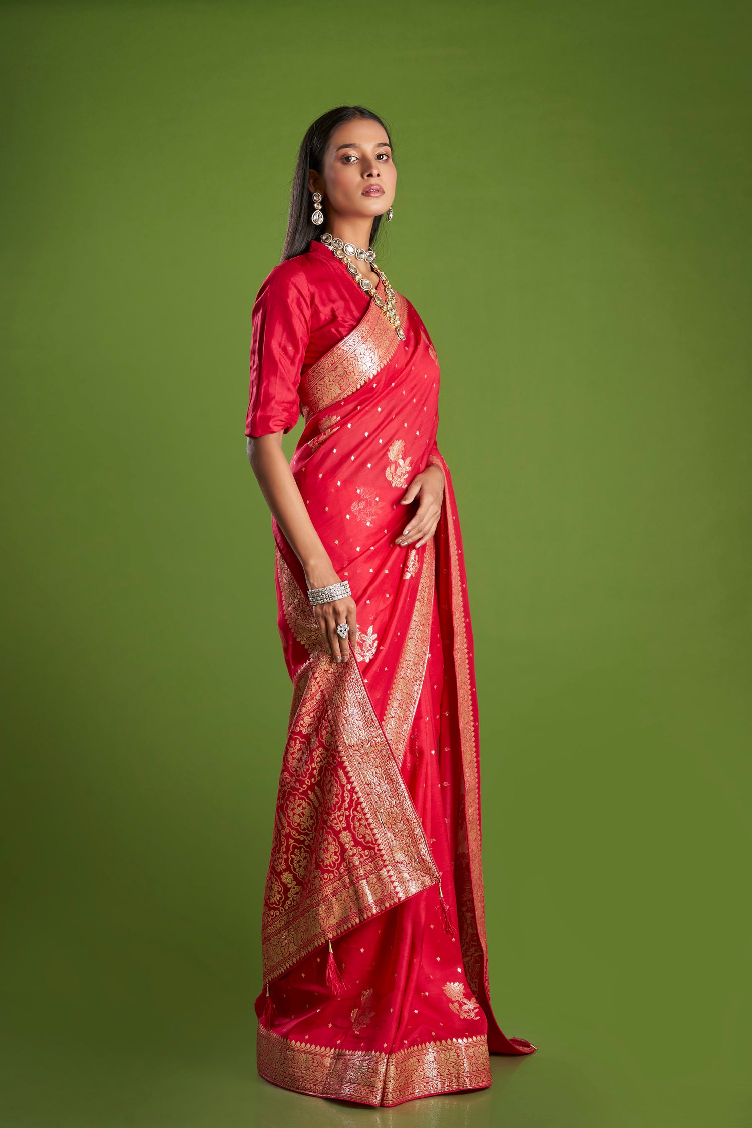 Women Red Organza Zari weaving Saree