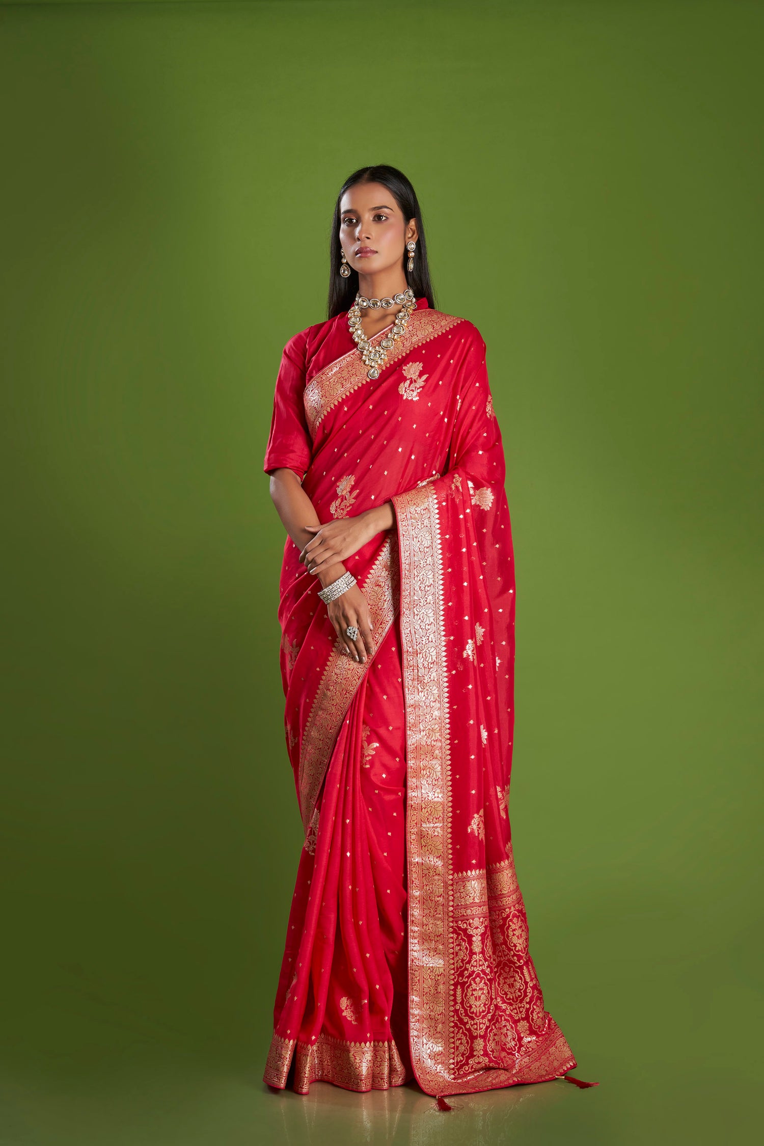 Women Red Organza Zari weaving Saree