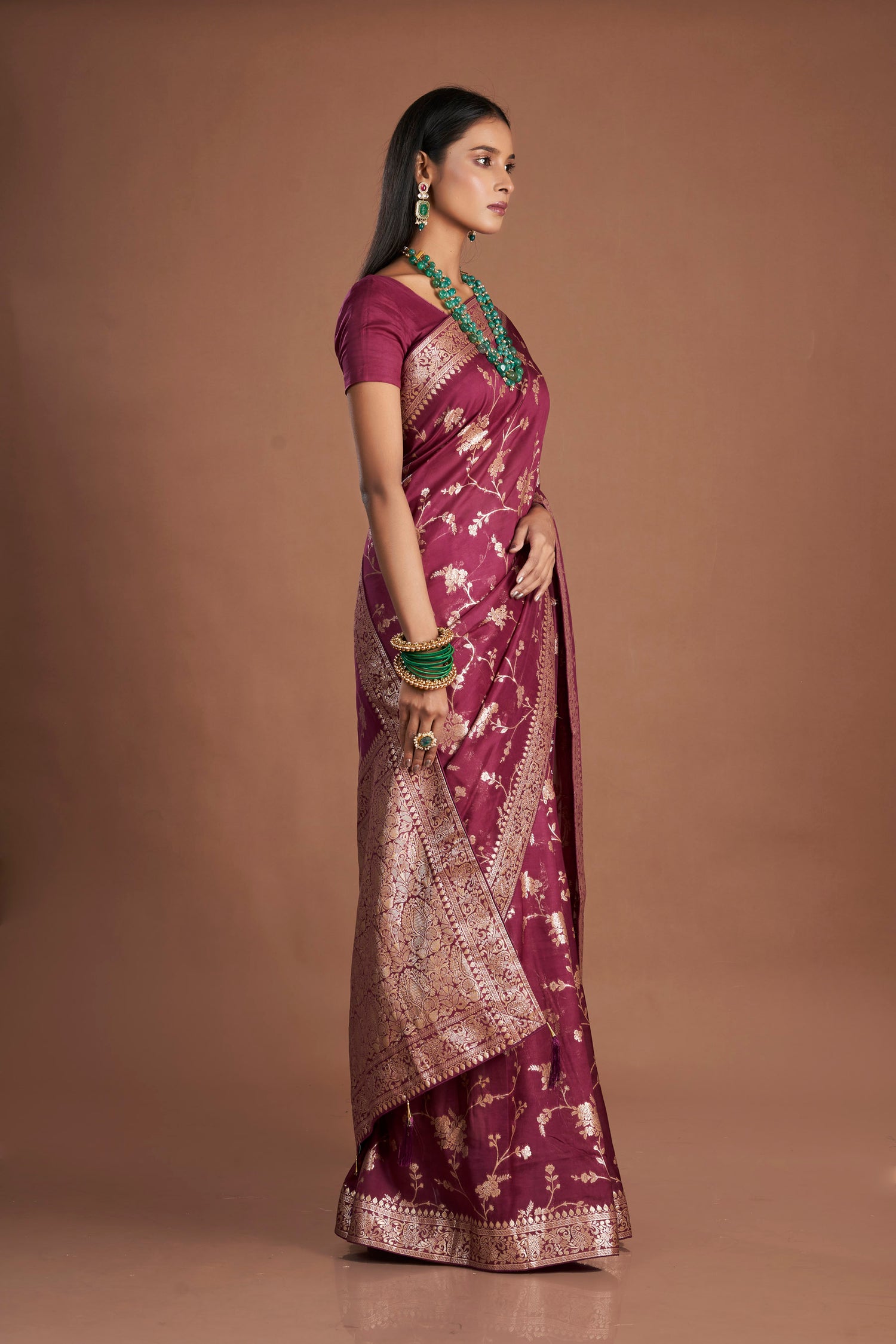 Women Wine Organza Zari weaving Saree