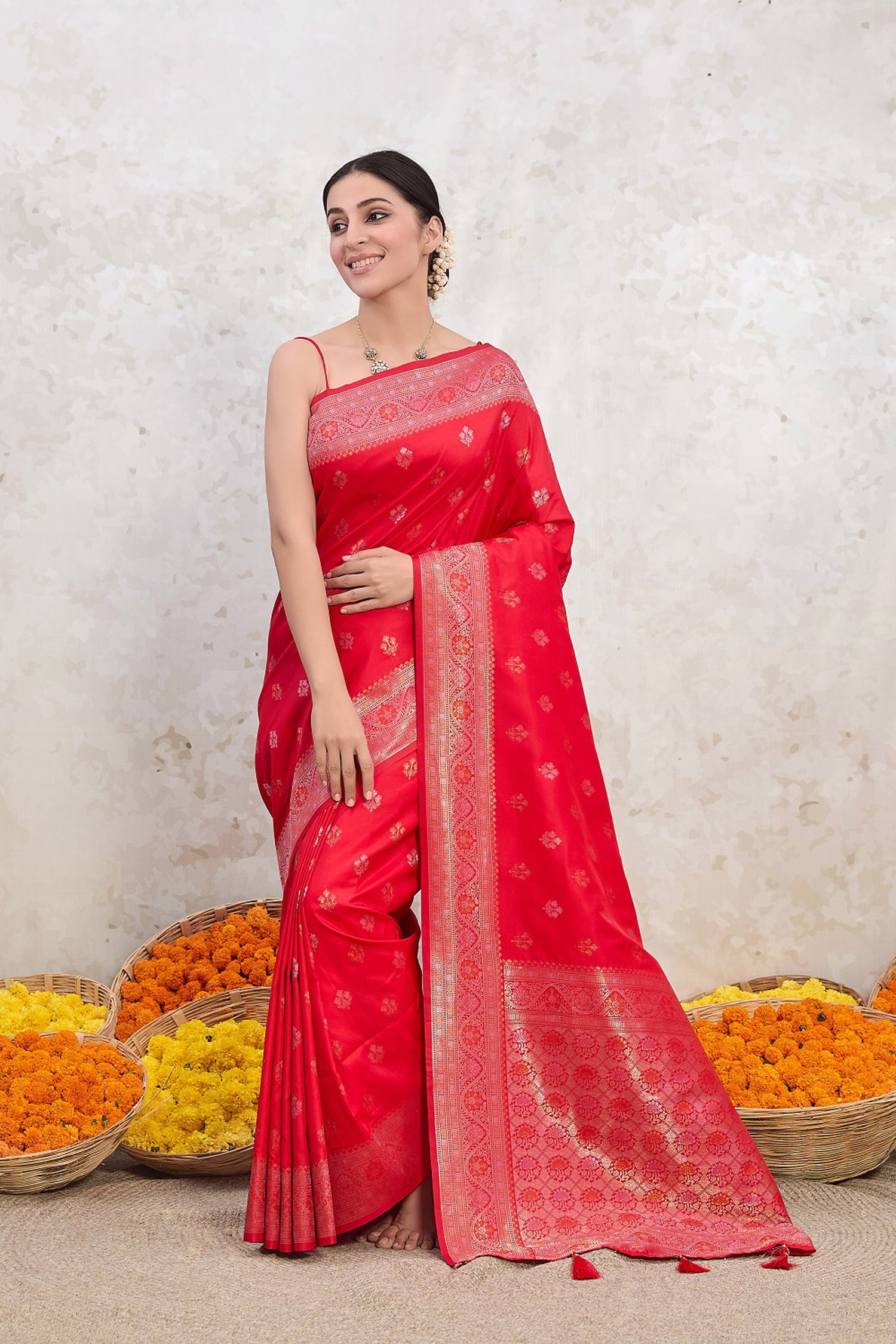 Red Zari Woven Viscose Silk Saree