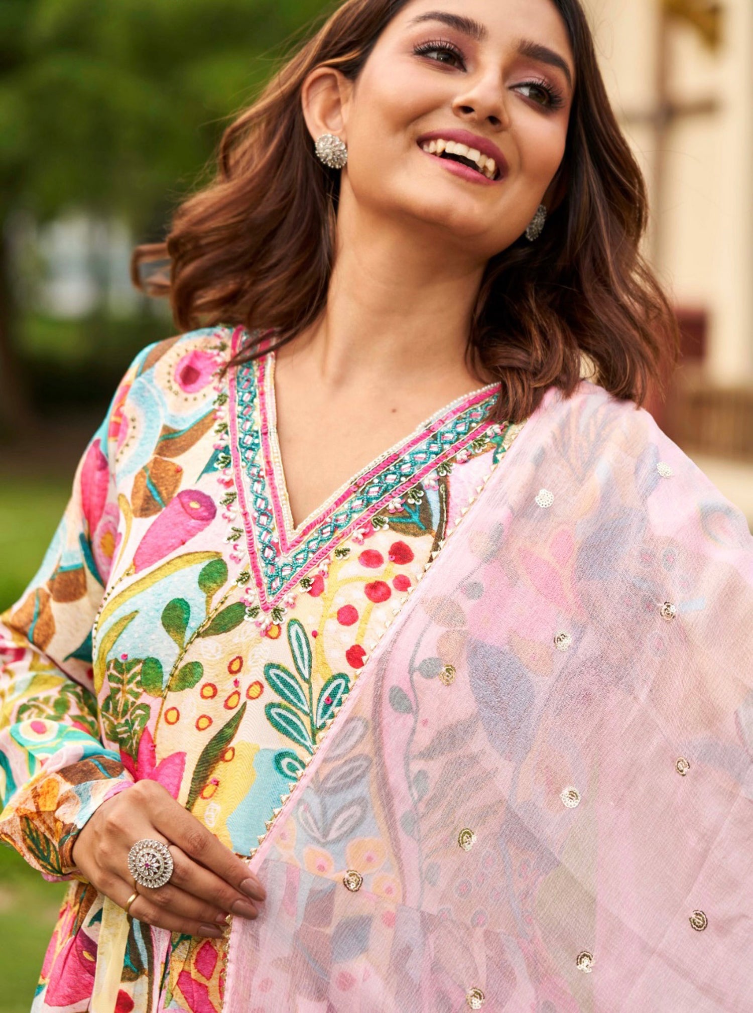 Colour Burst Printed Sharara set with Embroidery