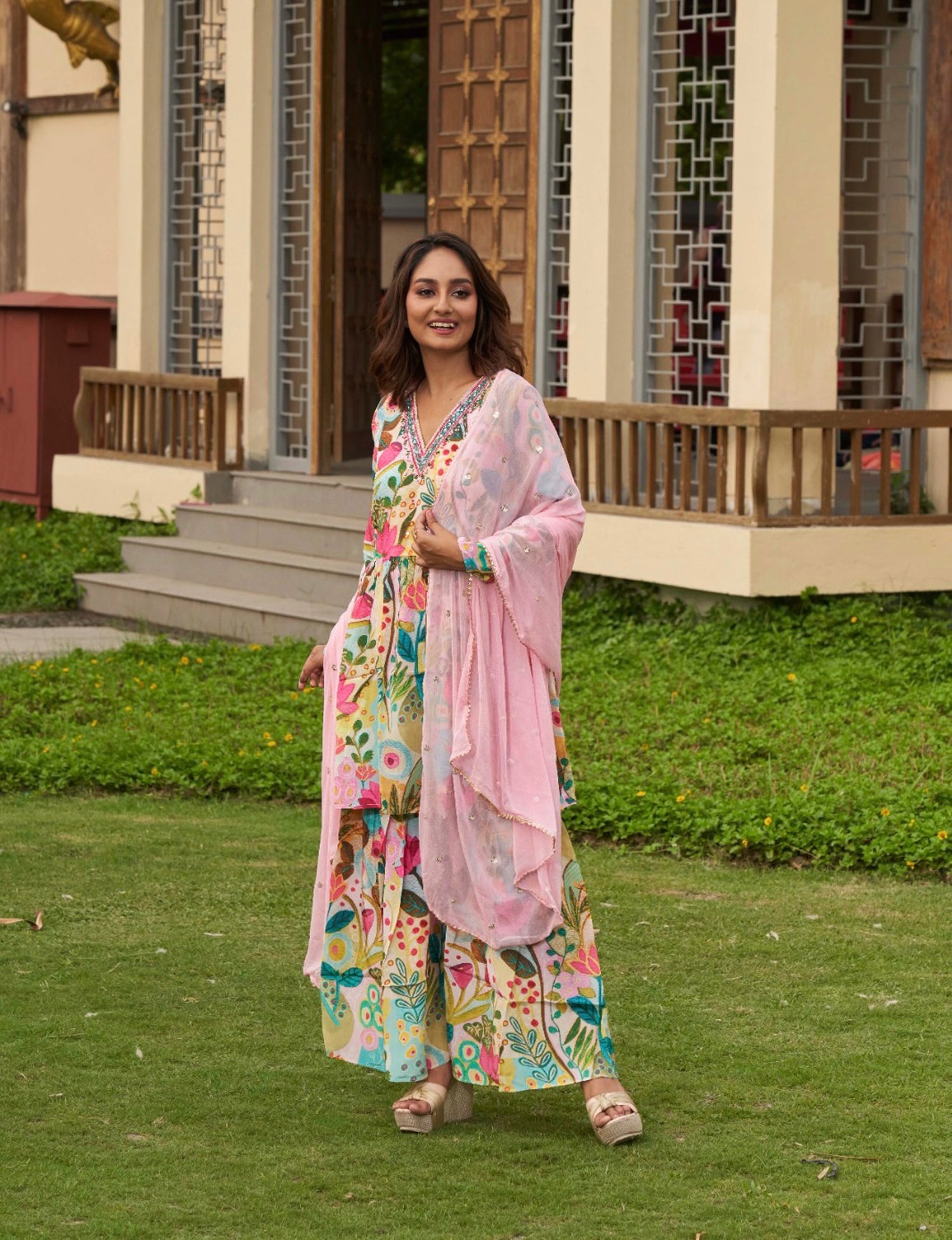 Colour Burst Printed Sharara set with Embroidery