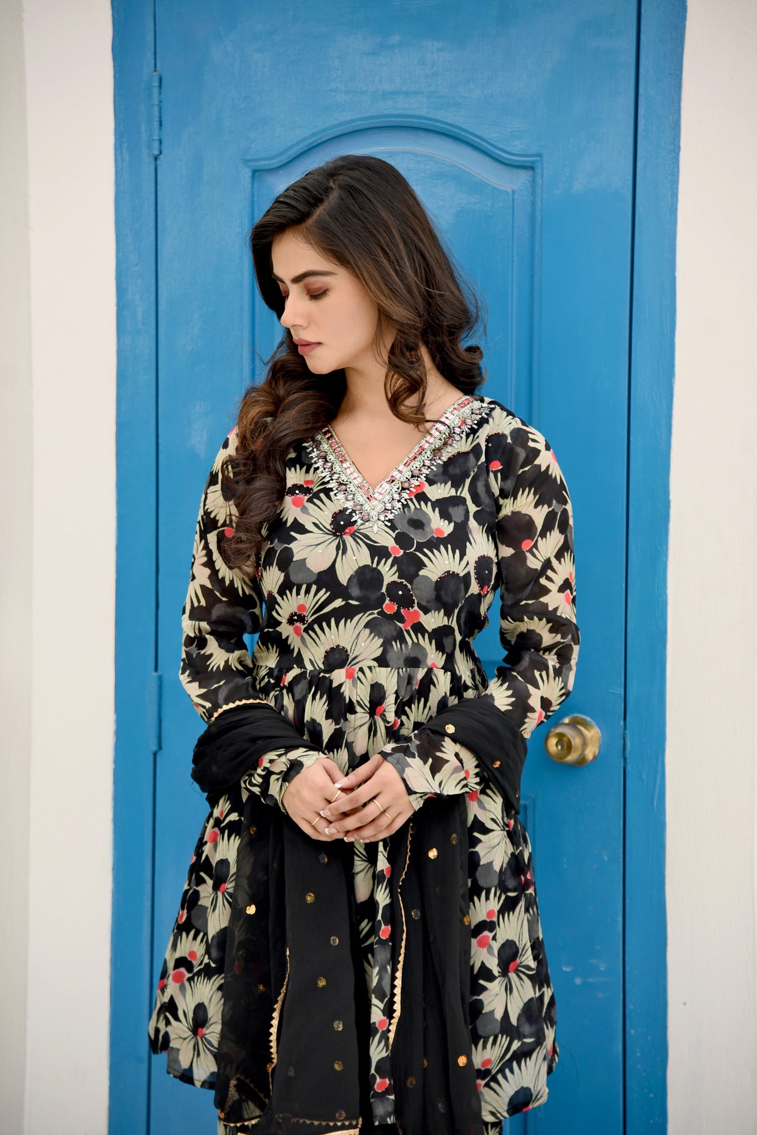 Midnight Elegance Printed Sharara set with Embroidery