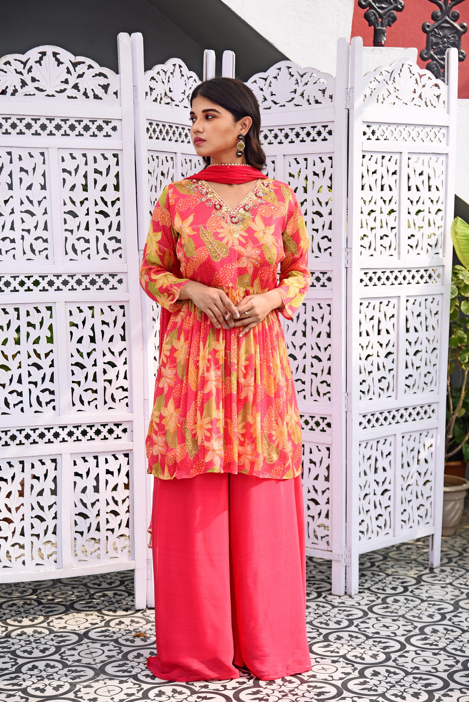 Rosy Radiance Printed Palazzo set with Embroidery