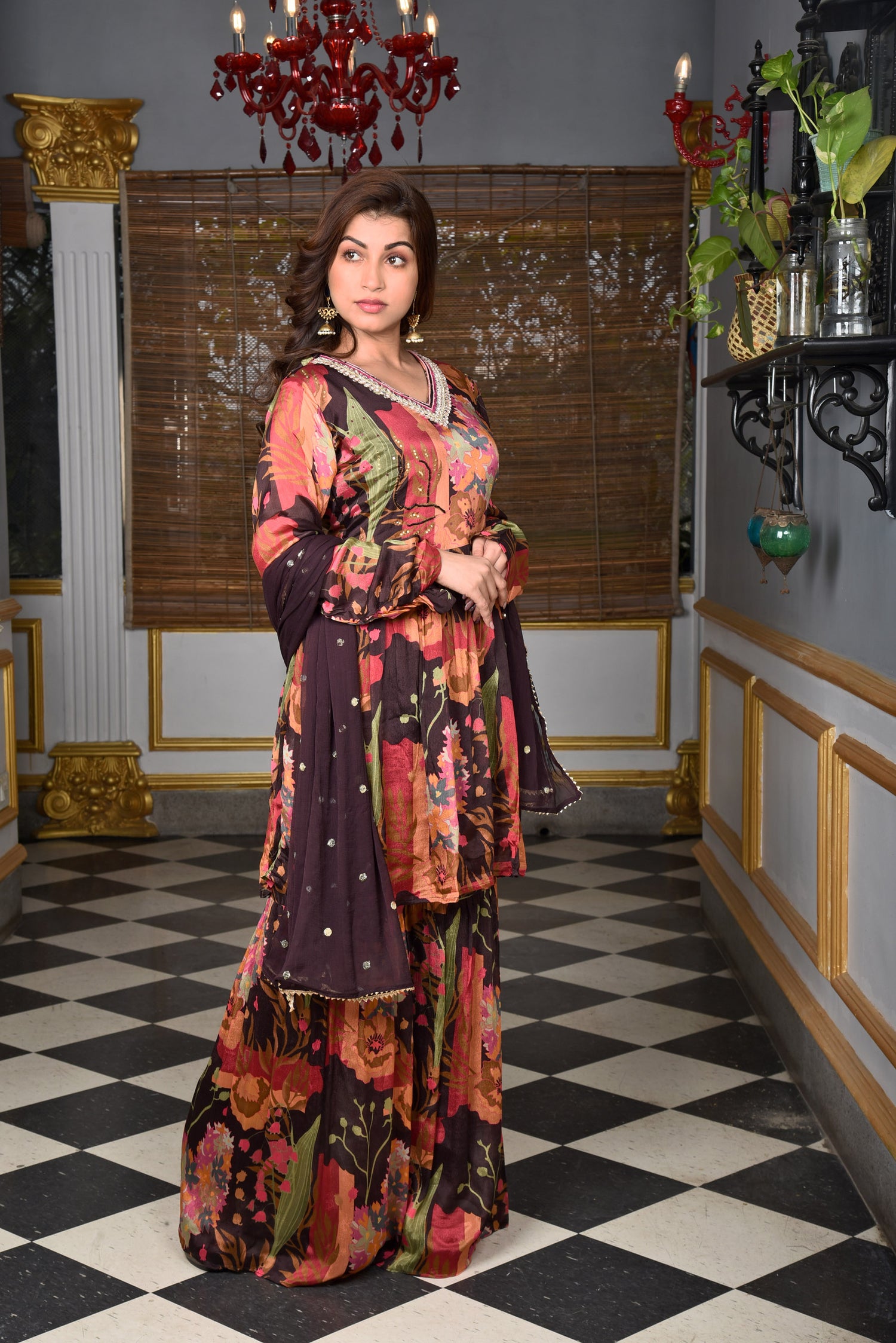 Cocoa Elegance Printed Sharara set with Embroidery