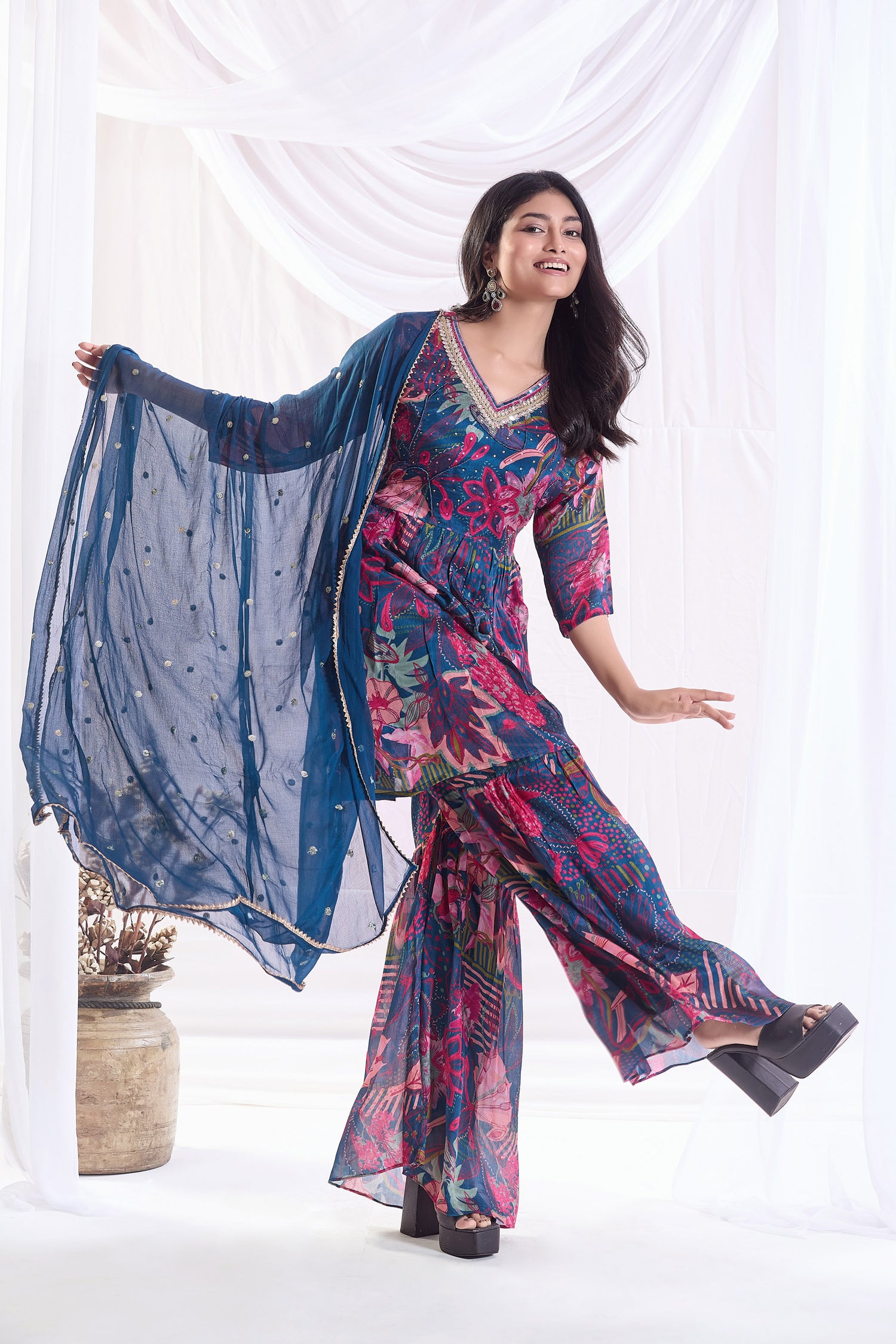 Turquoise Blue  Printed Sharara set with Embroidery