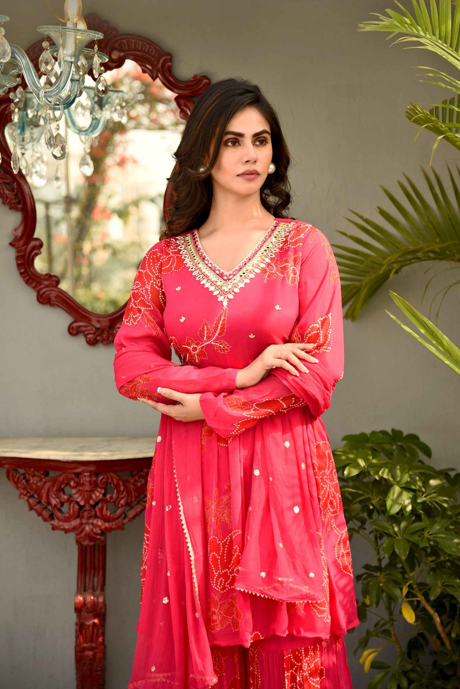 Pink Blossom Printed Sharara set with Embroidery