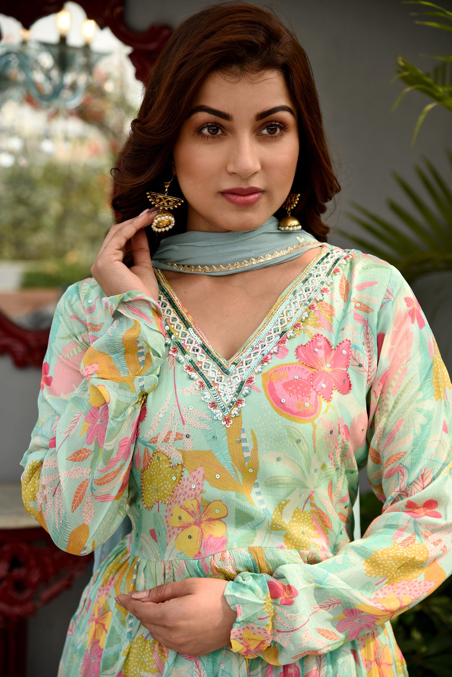 Mint Melody Printed Sharara set with Embroidery