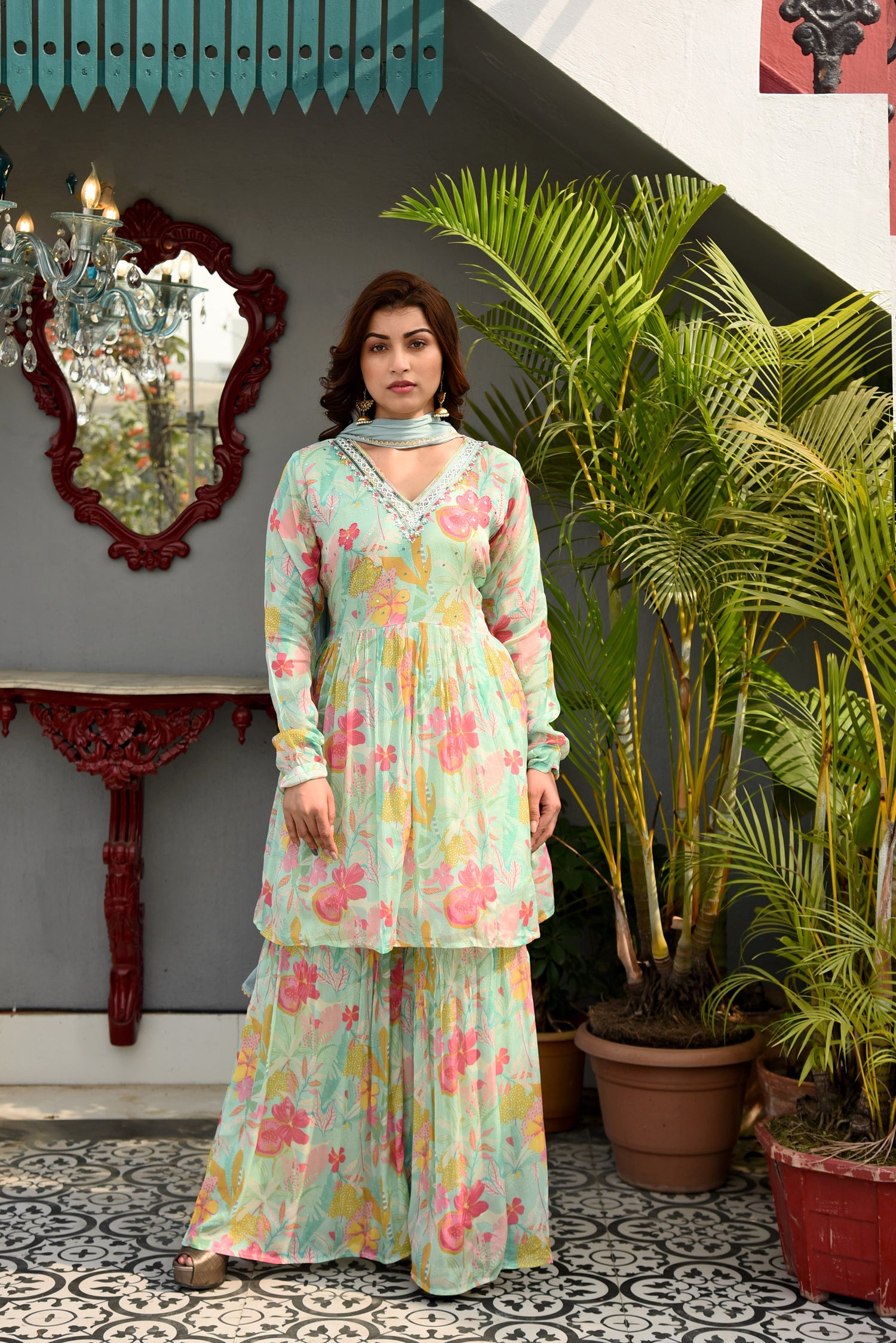 Mint Melody Printed Sharara set with Embroidery