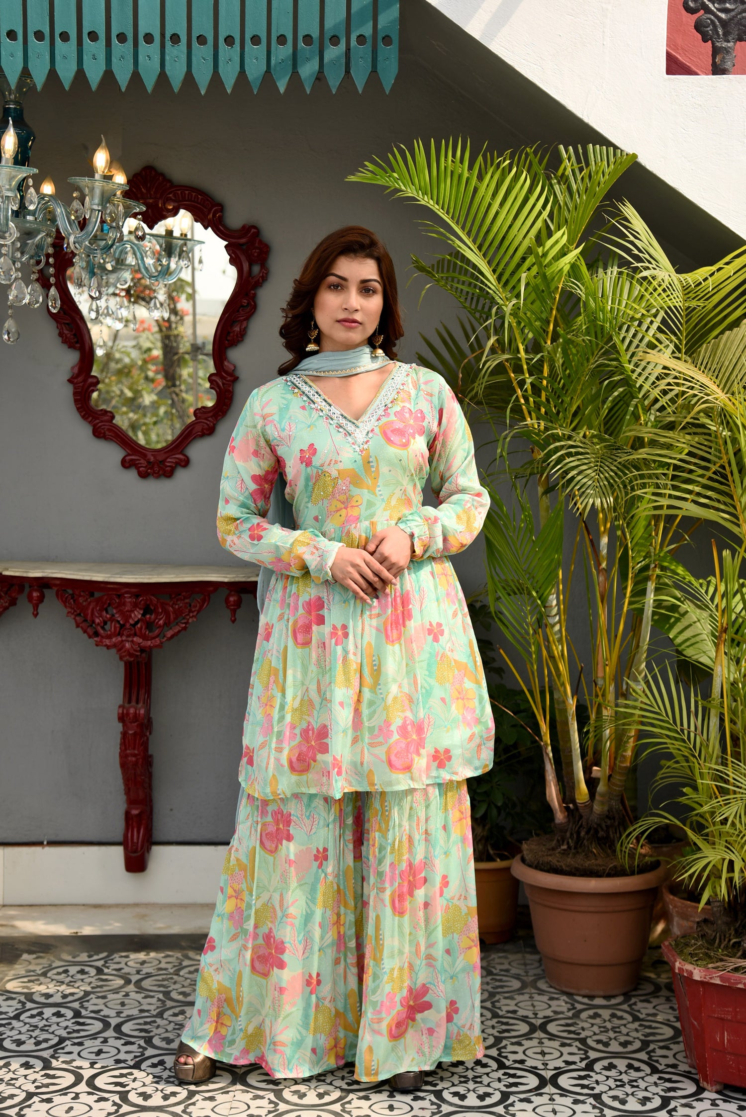 Mint Melody Printed Sharara set with Embroidery