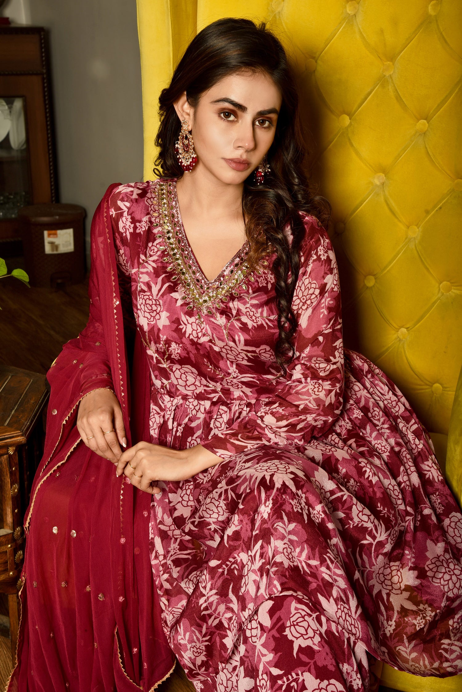 Maroon Elegance Printed Sharara set with Embroidery