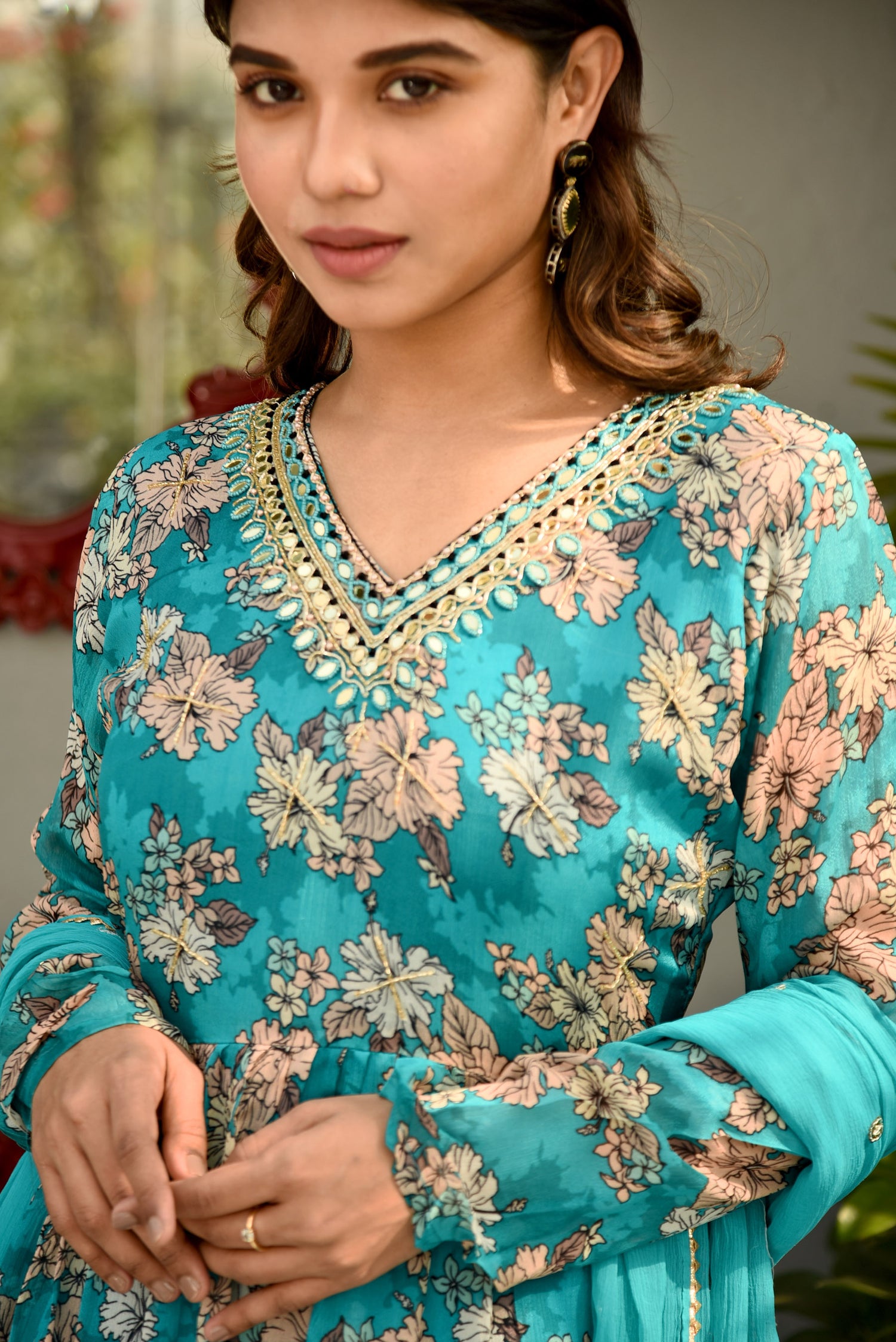 Turquoise Printed Sharara set with Embroidery