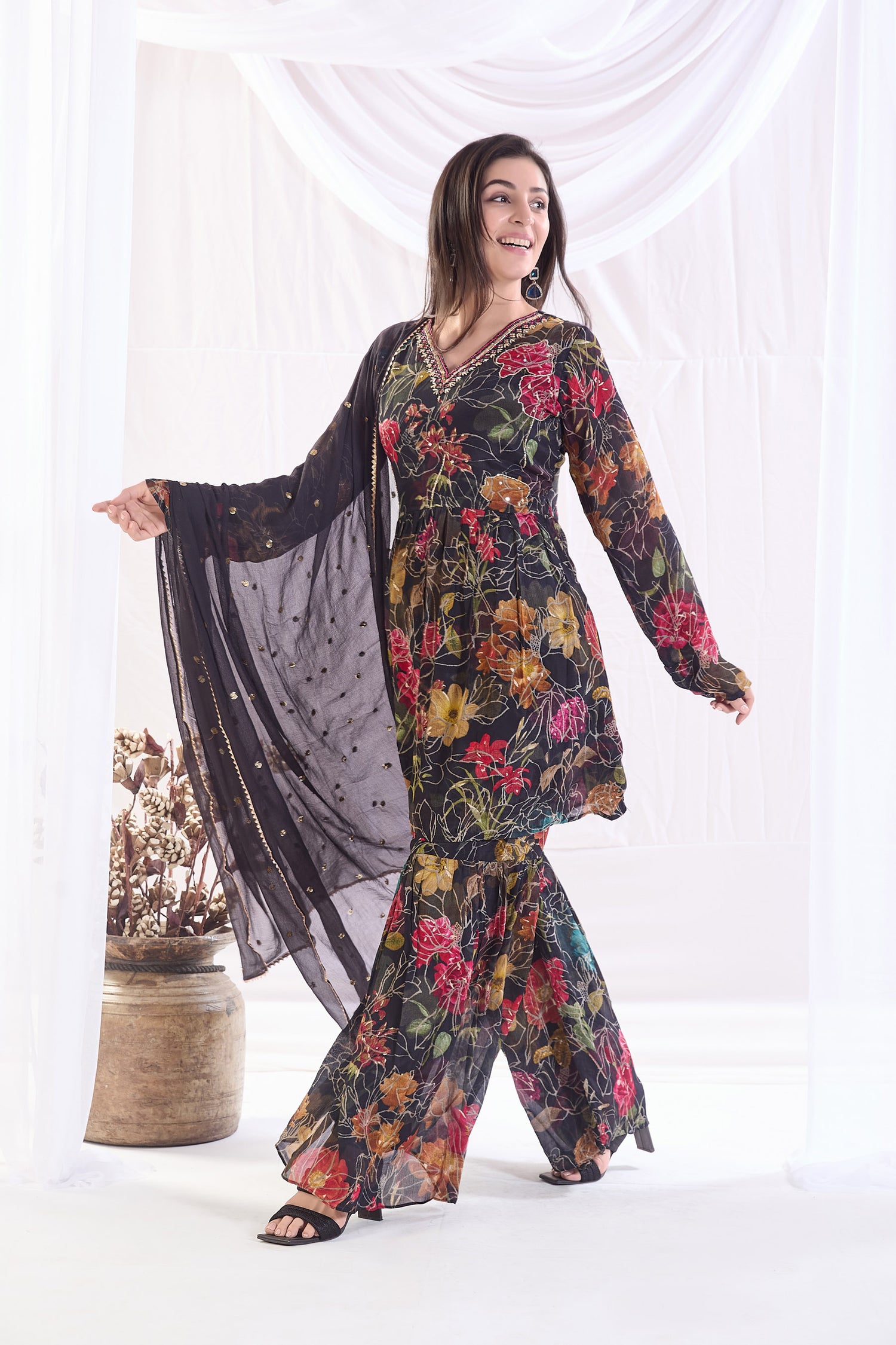 Elegant Black  Printed Sharara set with Embroidery