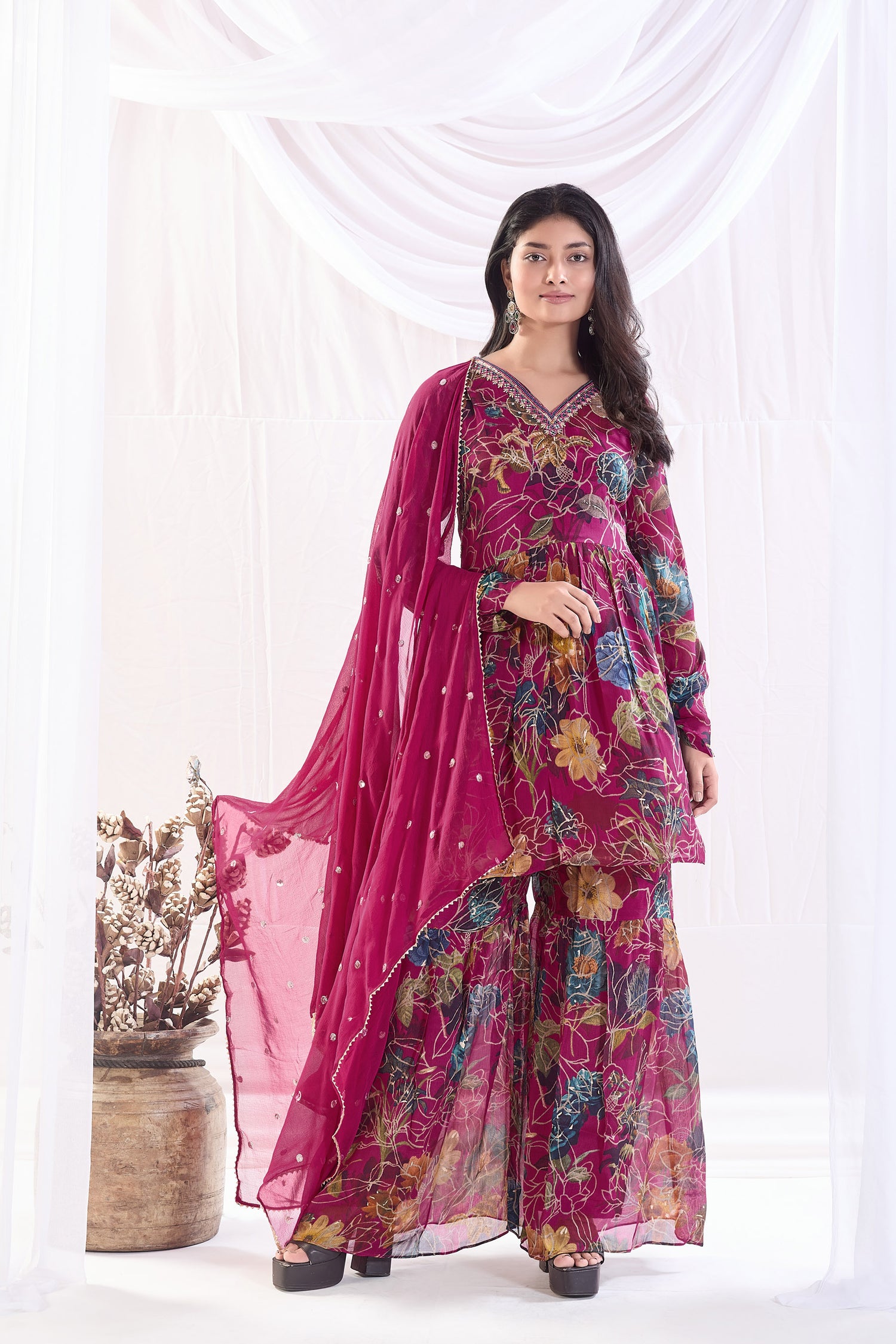 Berry Pink Printed Sharara set with Embroidery