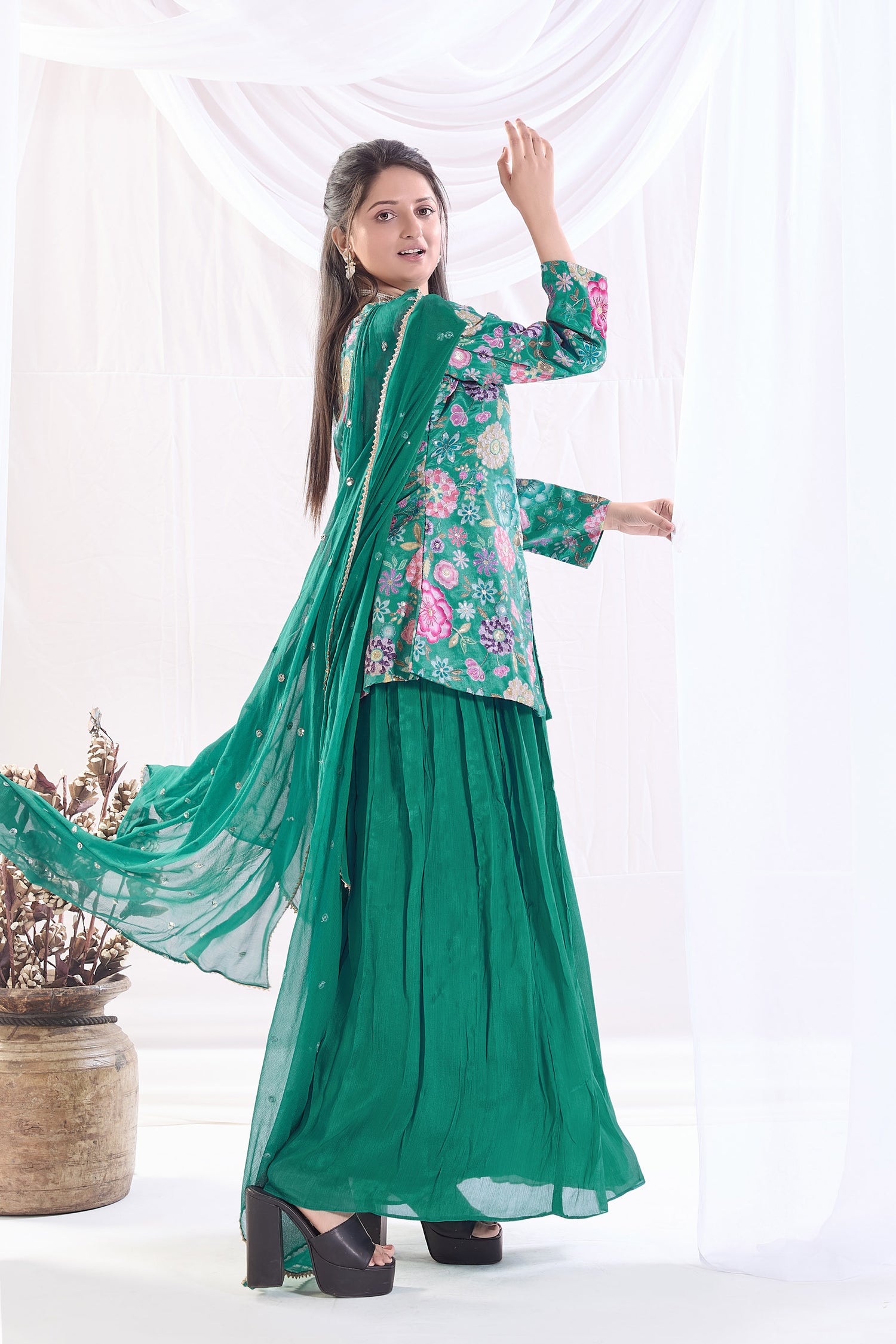 Chavi Chinnon Printed Sharara set with Embroidery