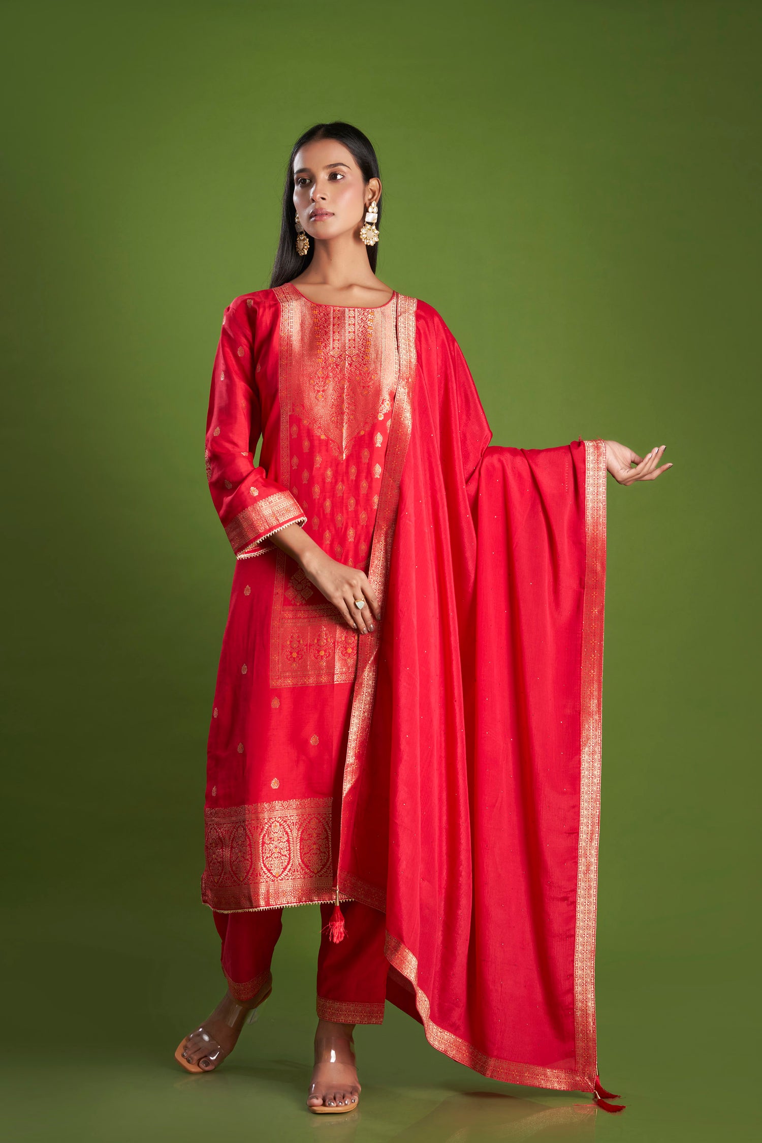 Saffron Red Jacquard Dola Silk Kurta Set