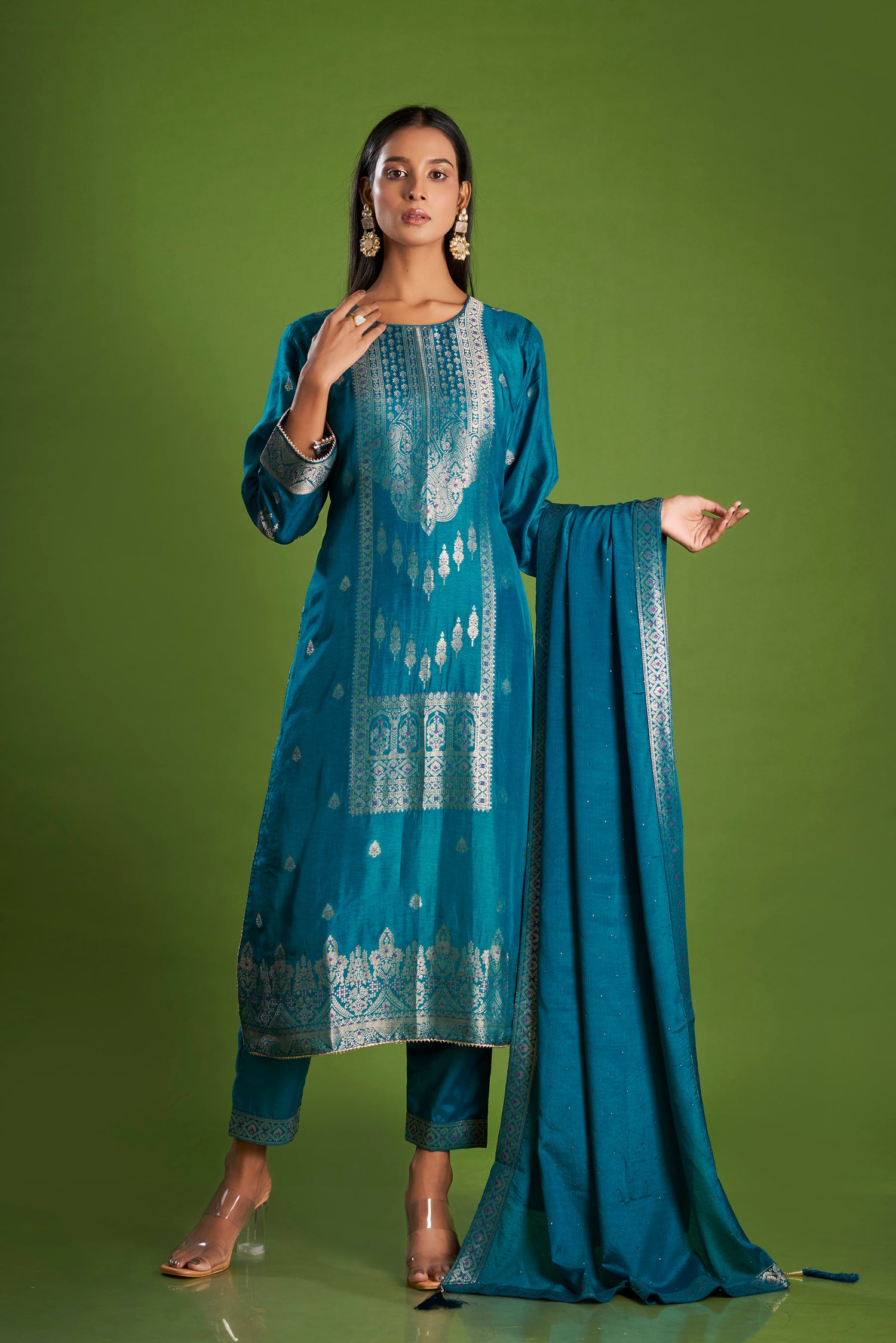 Indrani Blue Jacquard Kurta Set