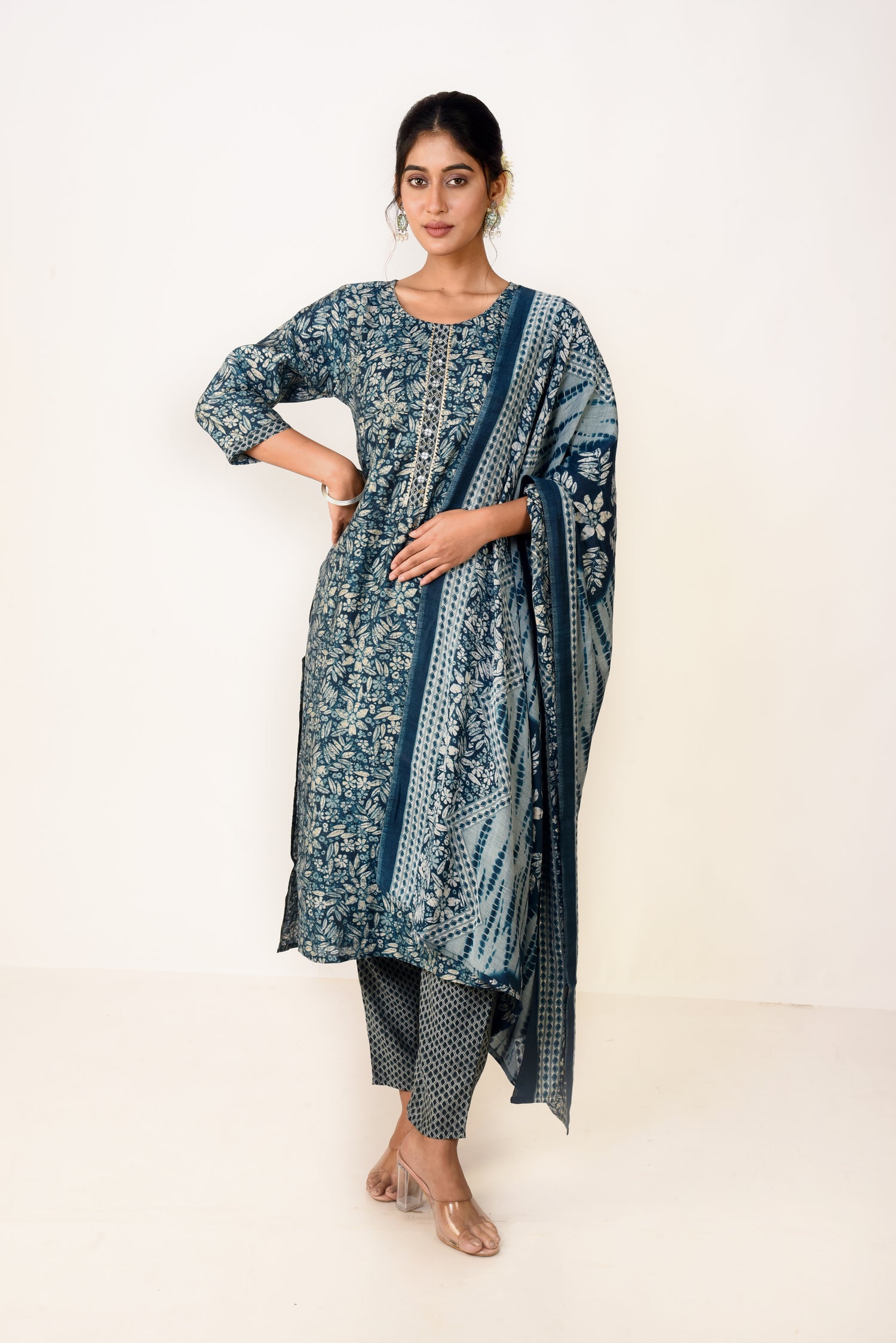 Vibrant Blue Modal Satin Kurta set with Embroidery