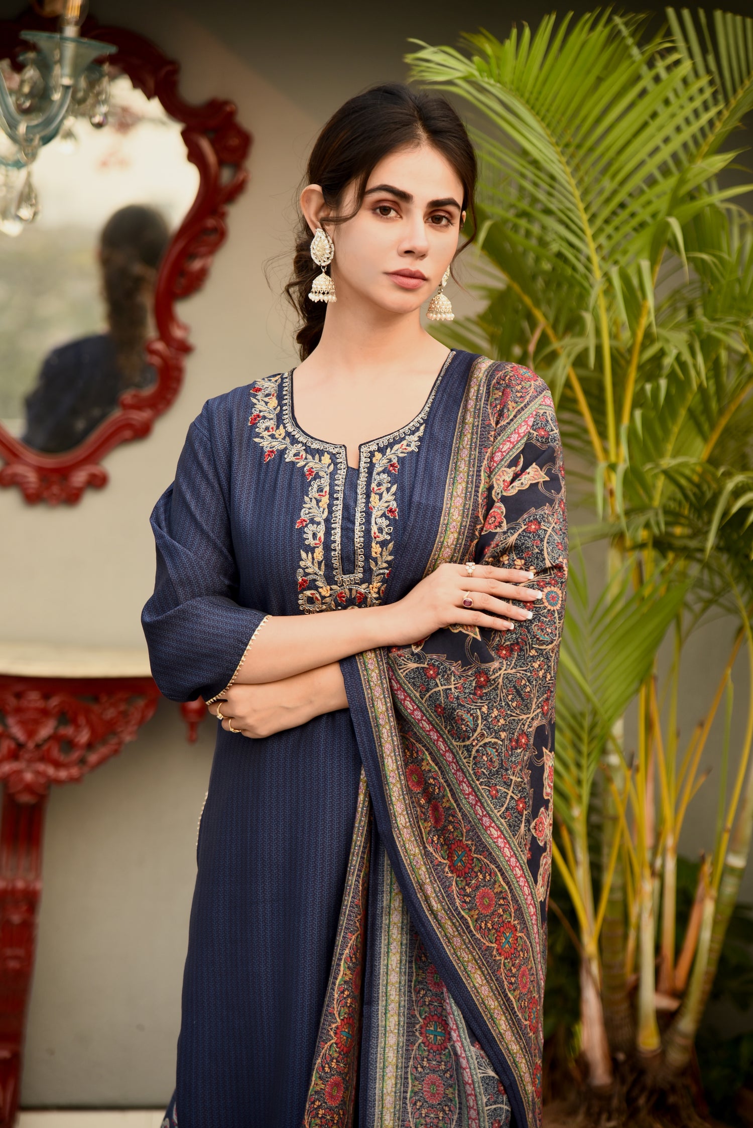 Cobalt Blue Muslin Printed Kurta set with Embroidery