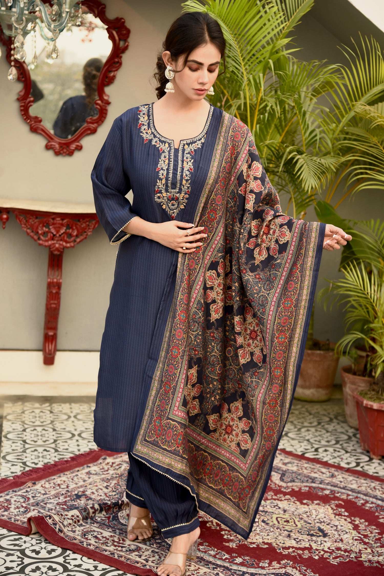 Cobalt Blue Muslin Printed Kurta set with Embroidery