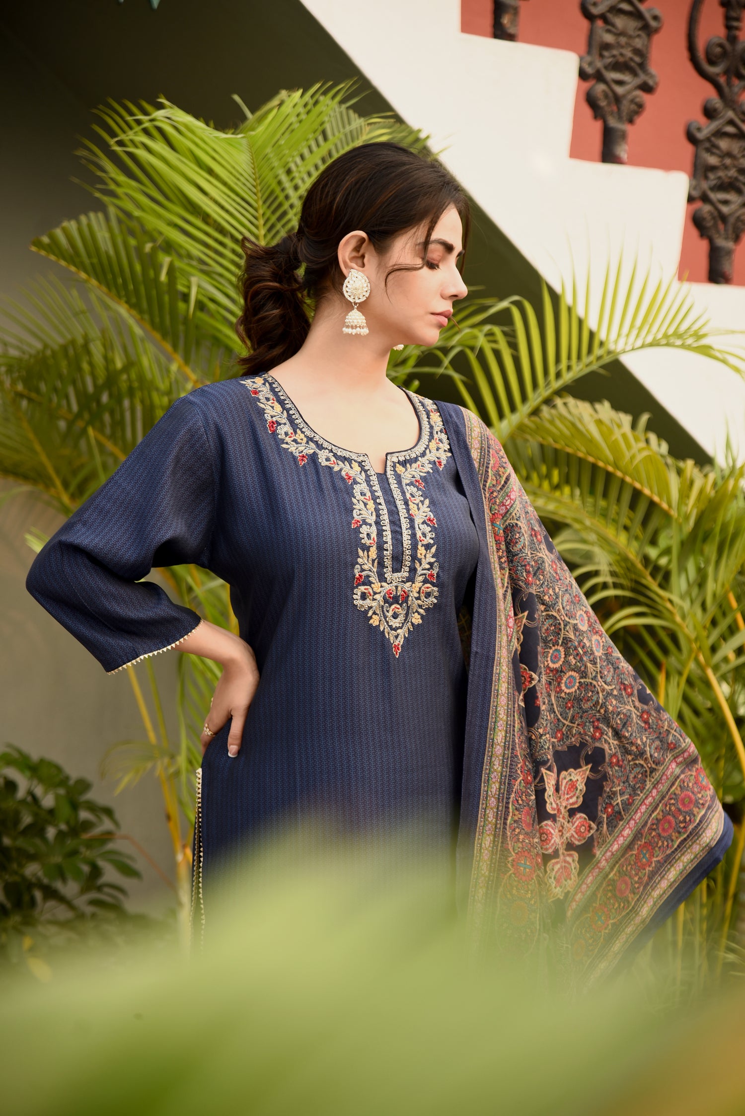 Cobalt Blue Muslin Printed Kurta set with Embroidery