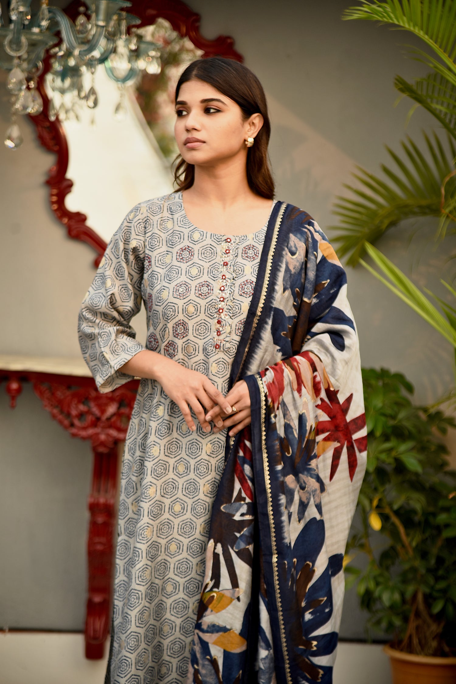 Pearl Grey Cotton Silk Printed Kurta set with Embroidery