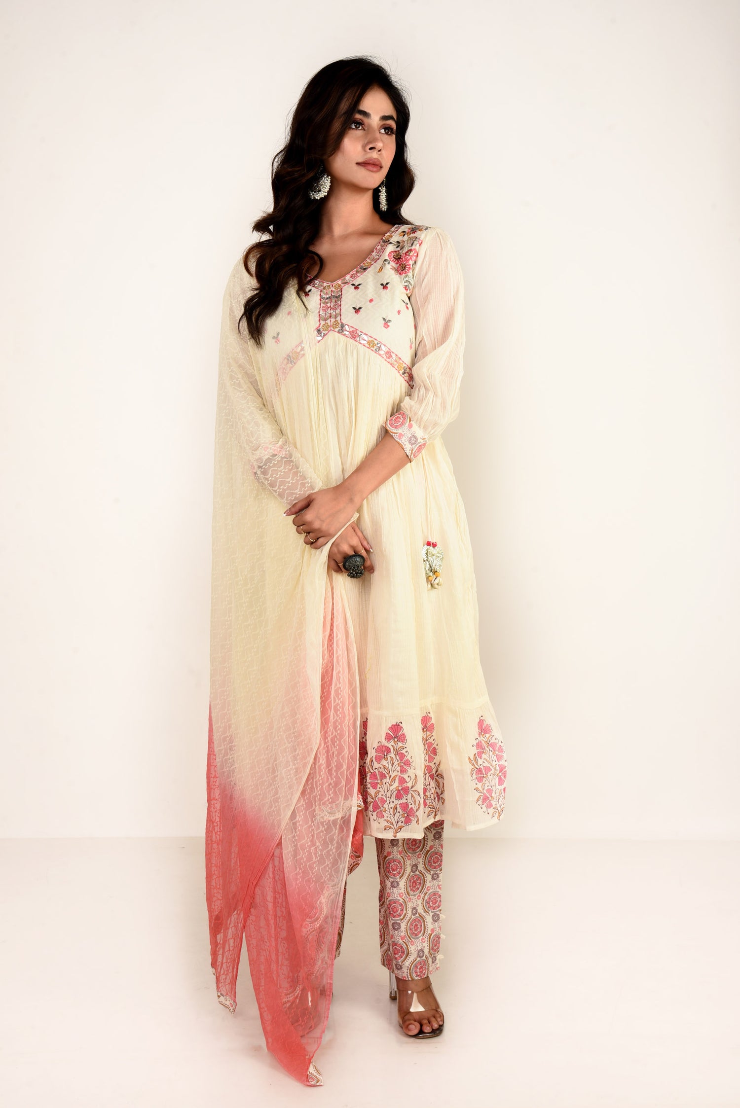 Lalita Off White Mulmul Kurta set with Embroidery