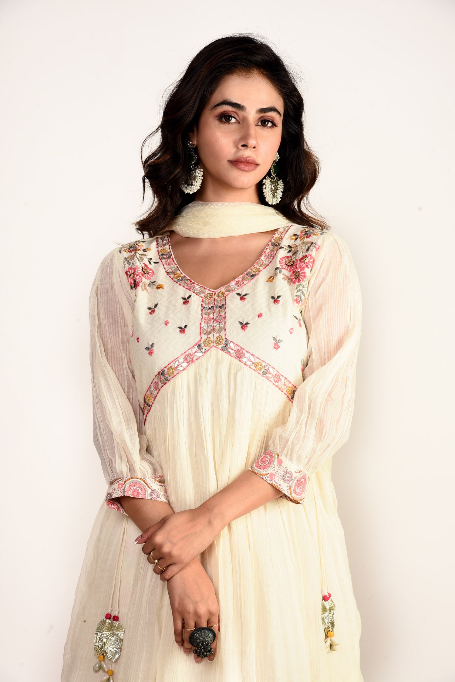 Lalita Off White Mulmul Kurta set with Embroidery