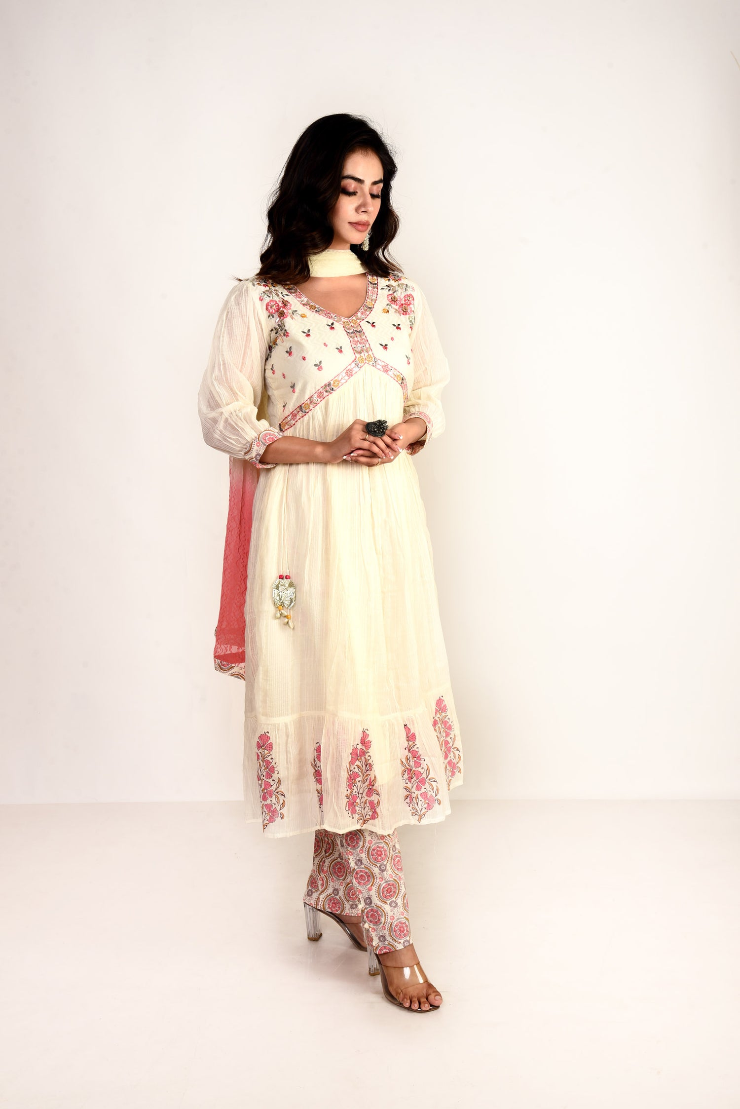 Lalita Off White Mulmul Kurta set with Embroidery