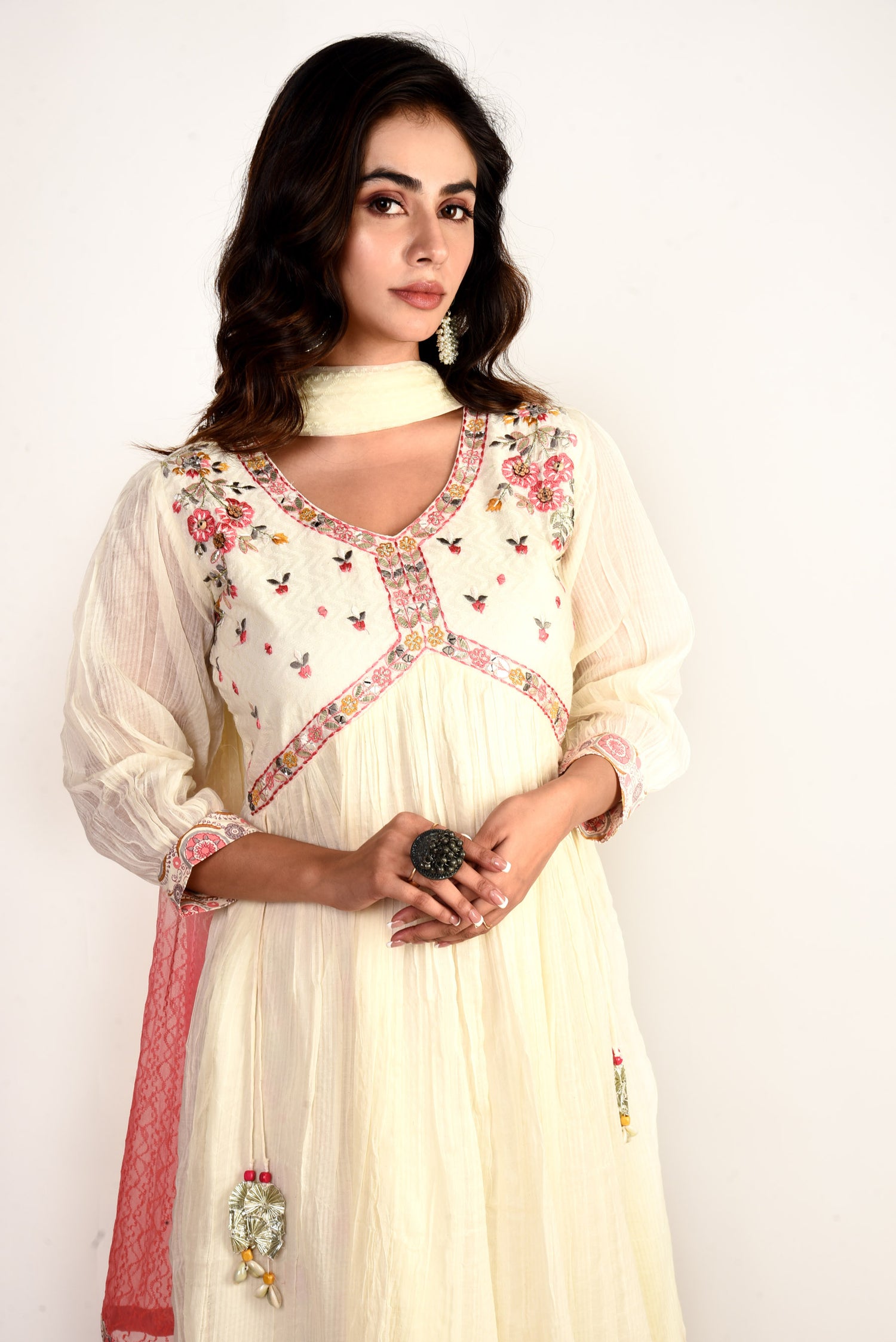 Lalita Off White Mulmul Kurta set with Embroidery