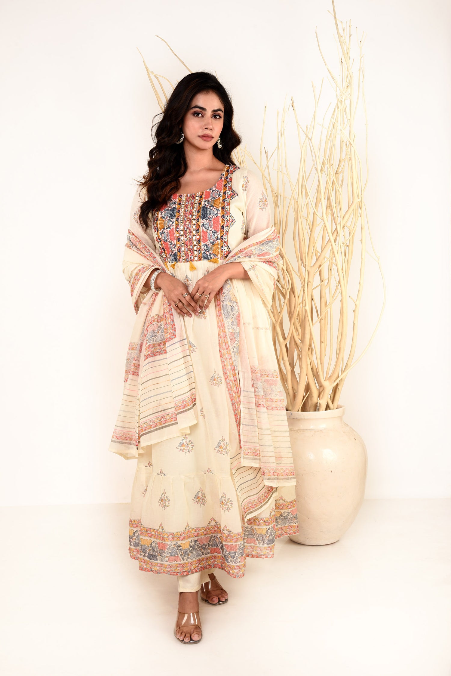 Sudha Off White Mulmul Kurta set with Embroidery