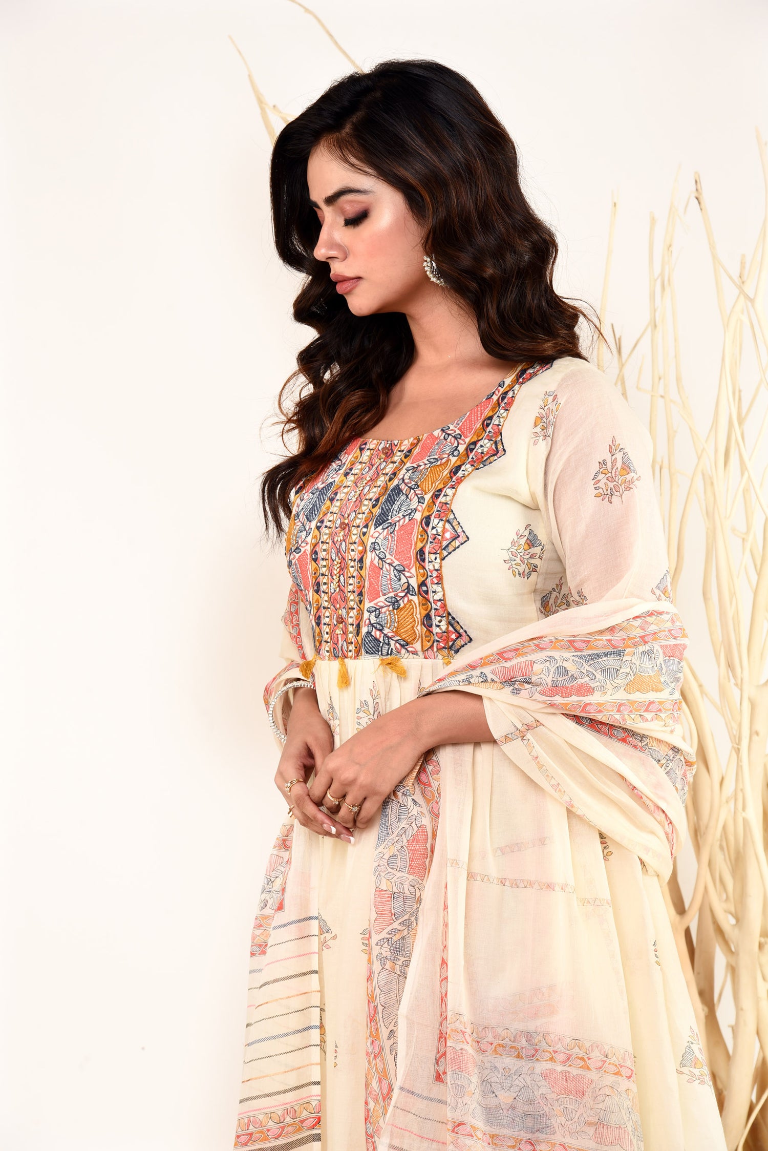 Sudha Off White Mulmul Kurta set with Embroidery