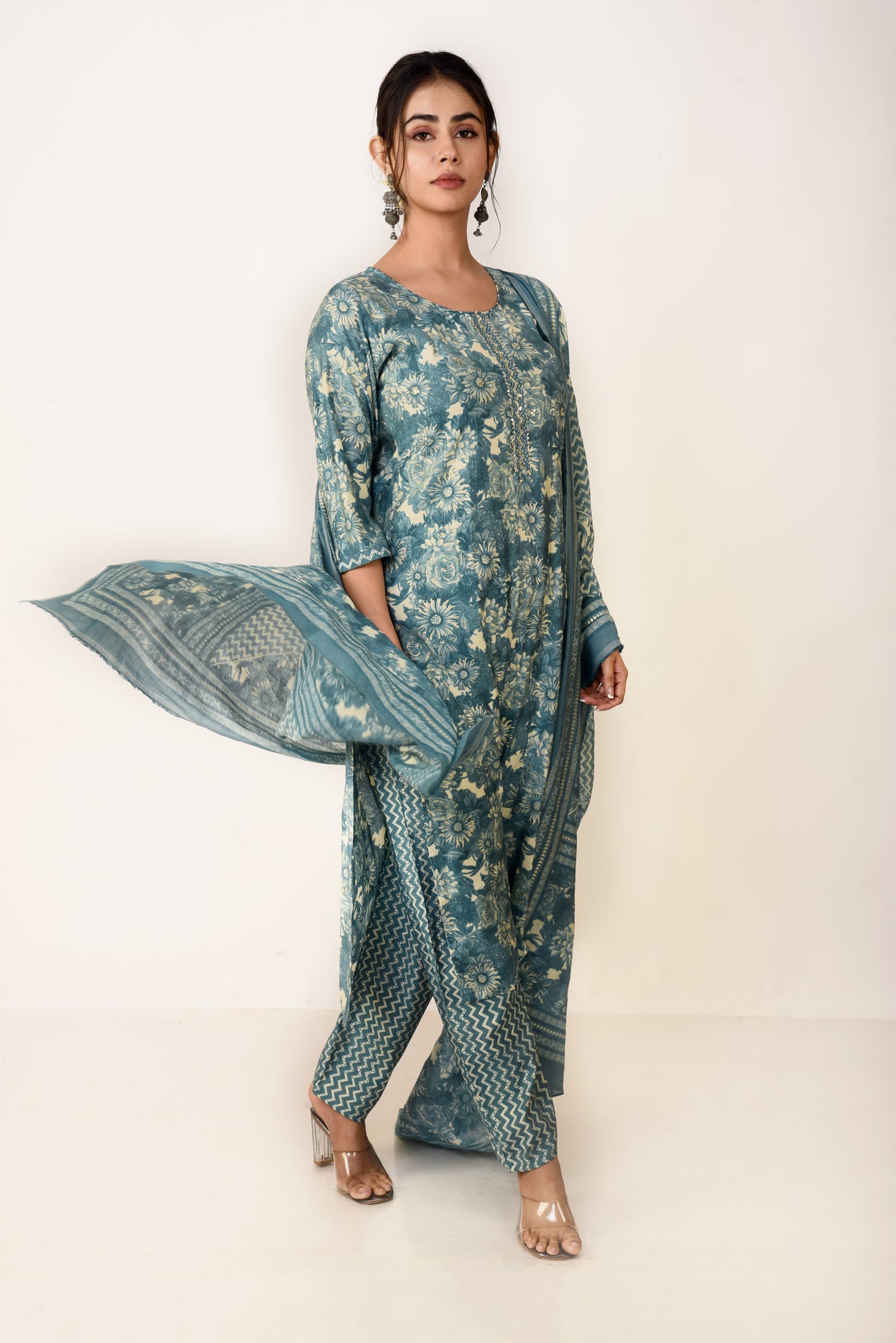 Serene Blue Modal Satin Kurta set with Embroidery