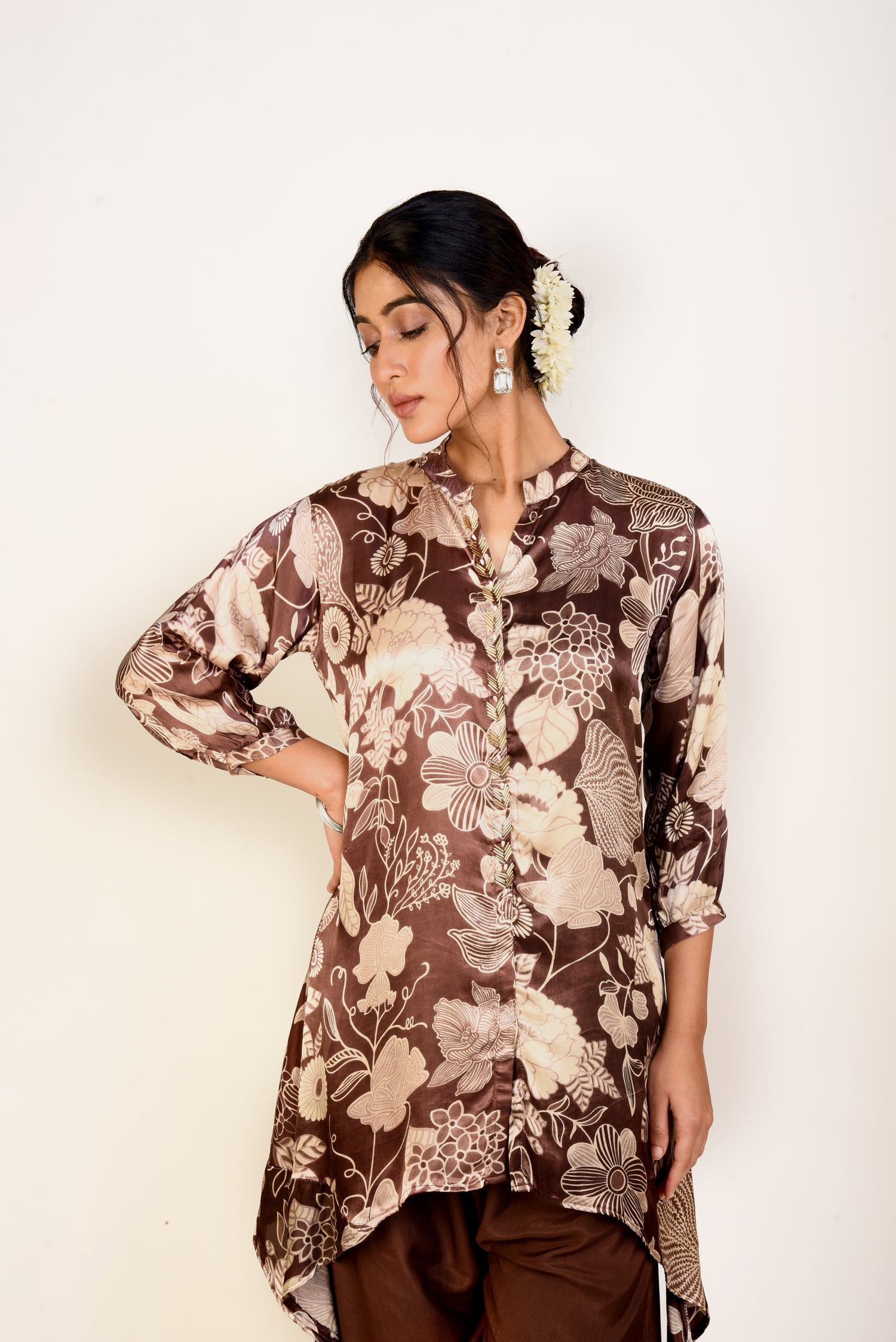 Cocoa Bloom Modal Satin Printed Co-ord set