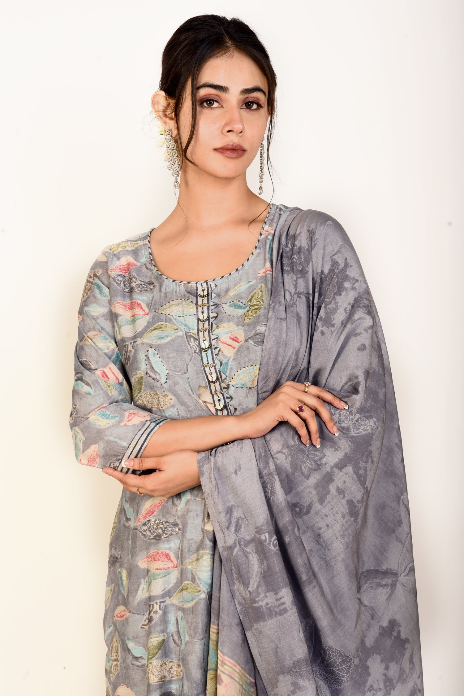 Breezy Grey Muslin Silk Kurta set with Embroidery