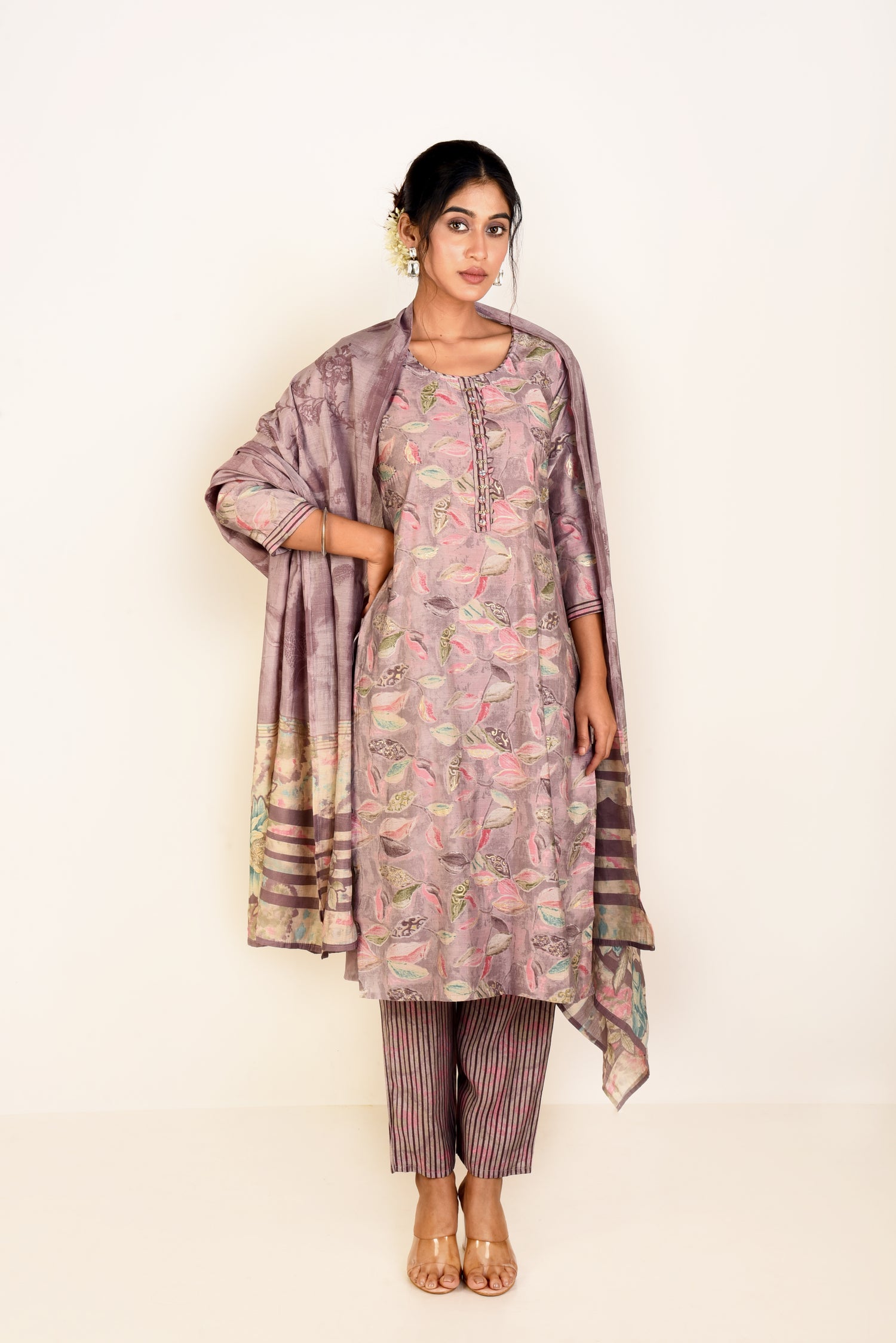 Soft Purple Muslin Silk Kurta set with Embroidery